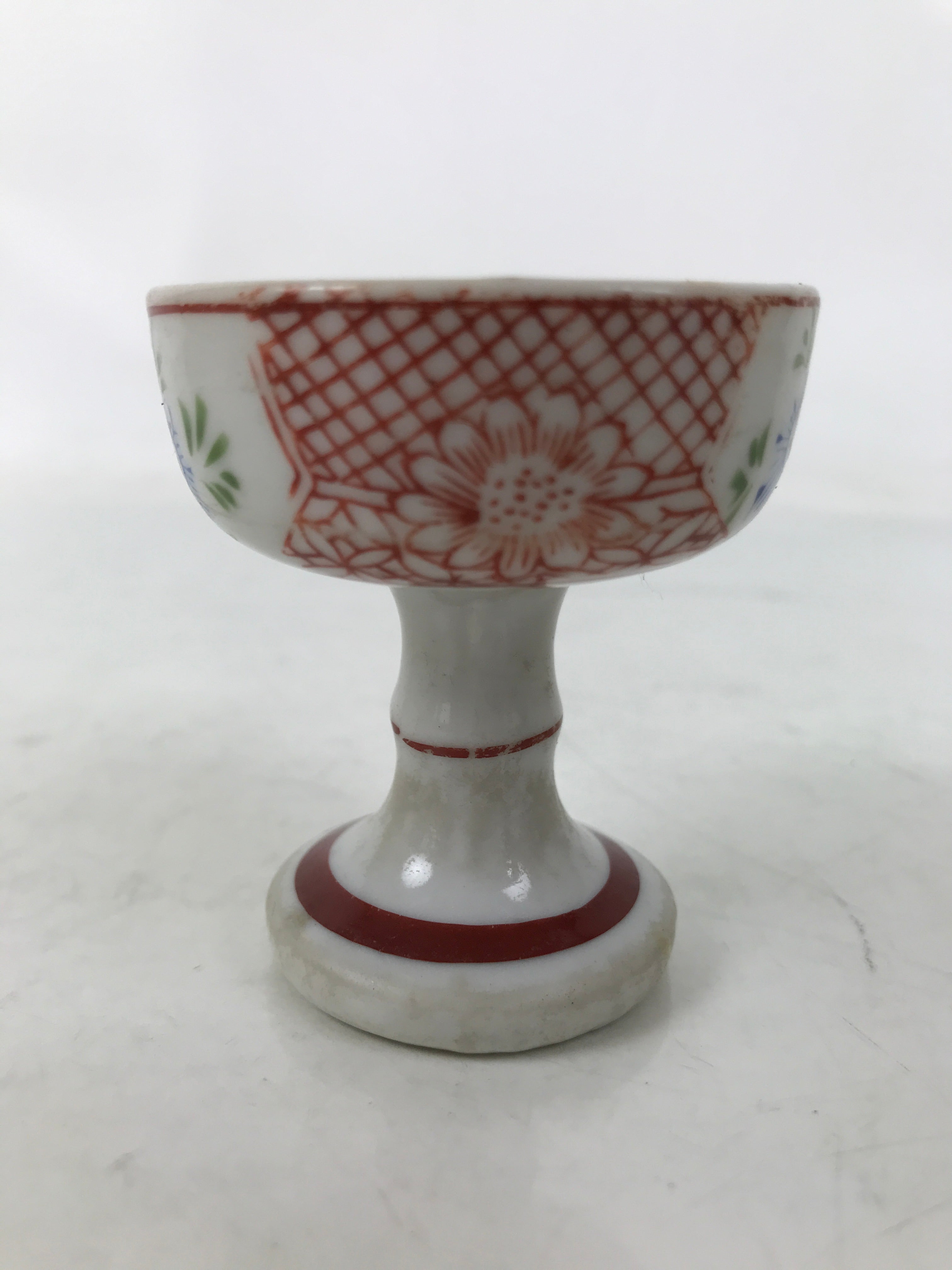 Japanese Buddhist Altar Porcelain Rice Offering Cup Vtg Blue Chrysanthemum BA720
