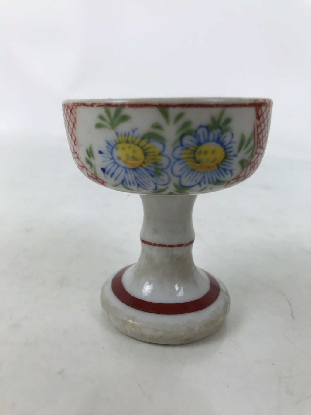 Japanese Buddhist Altar Porcelain Rice Offering Cup Vtg Blue Chrysanthemum BA720
