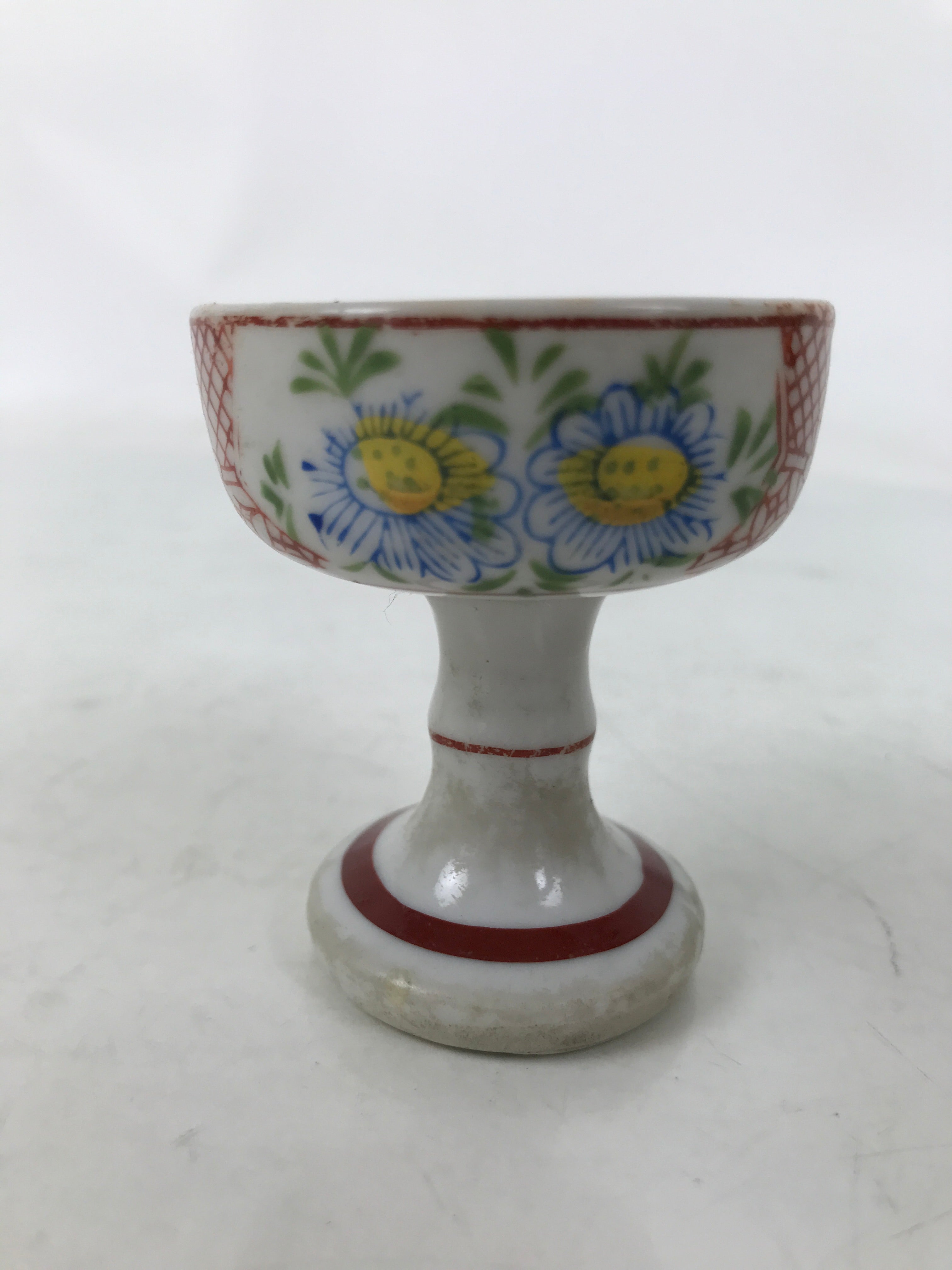 Japanese Buddhist Altar Porcelain Rice Offering Cup Vtg Blue Chrysanthemum BA720