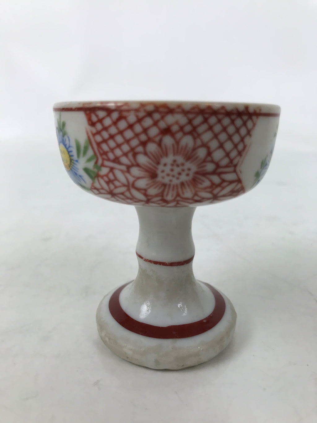 Japanese Buddhist Altar Porcelain Rice Offering Cup Vtg Blue Chrysanthemum BA720