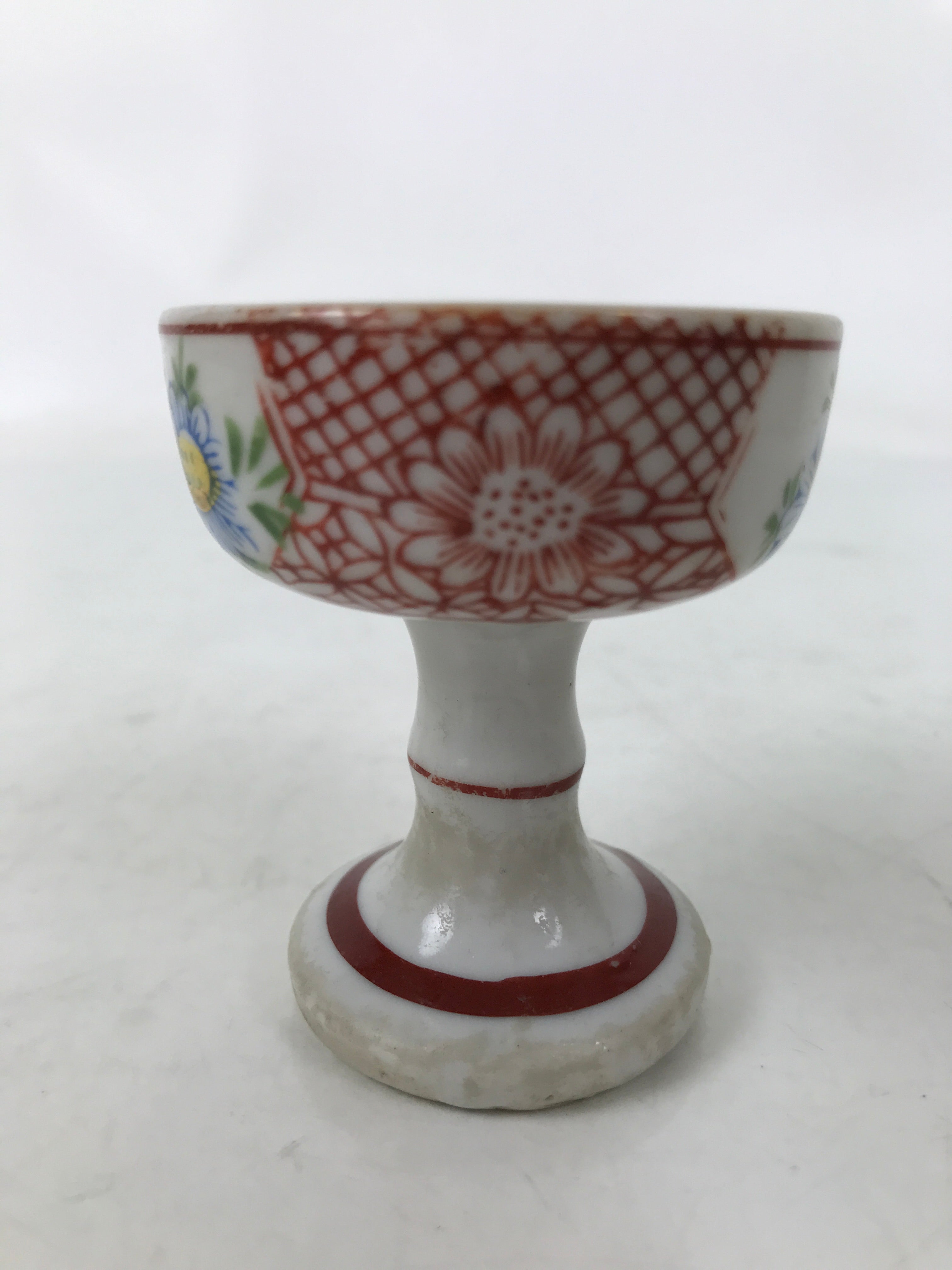 Japanese Buddhist Altar Porcelain Rice Offering Cup Vtg Blue Chrysanthemum BA720