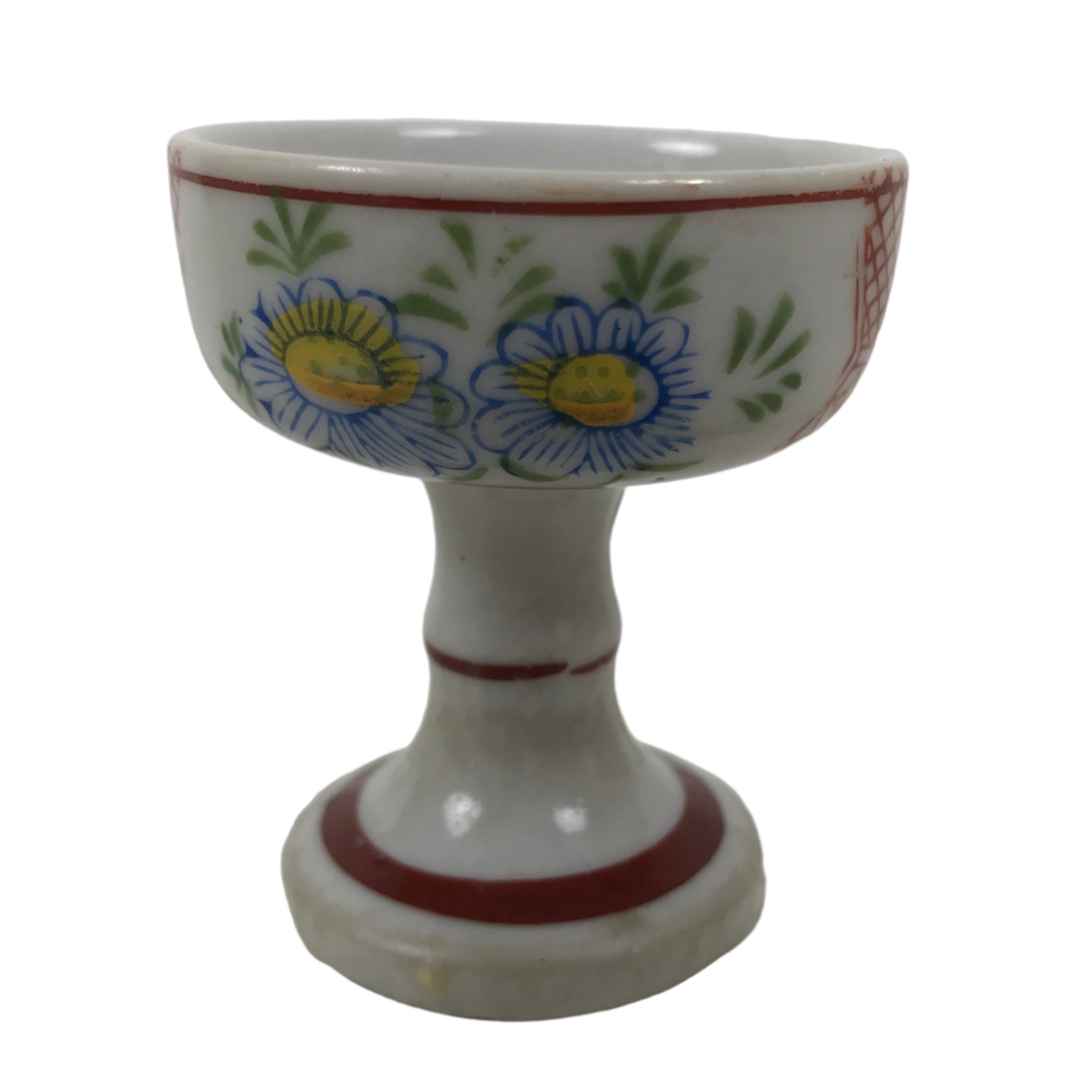 Japanese Buddhist Altar Porcelain Rice Offering Cup Vtg Blue Chrysanthemum BA720