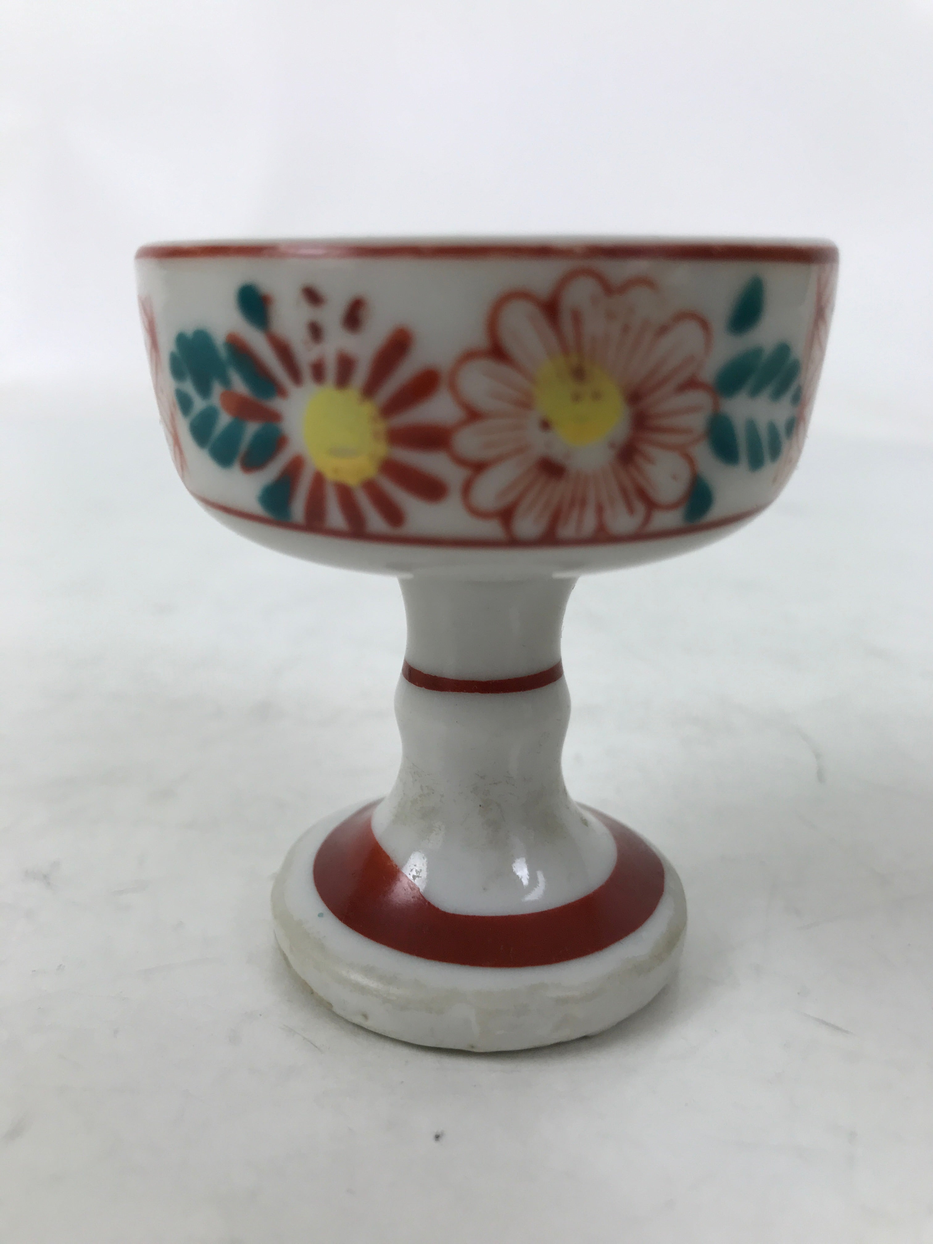Japanese Buddhist Altar Porcelain Rice Offering Cup Vtg Red Chrysanthemum BA719