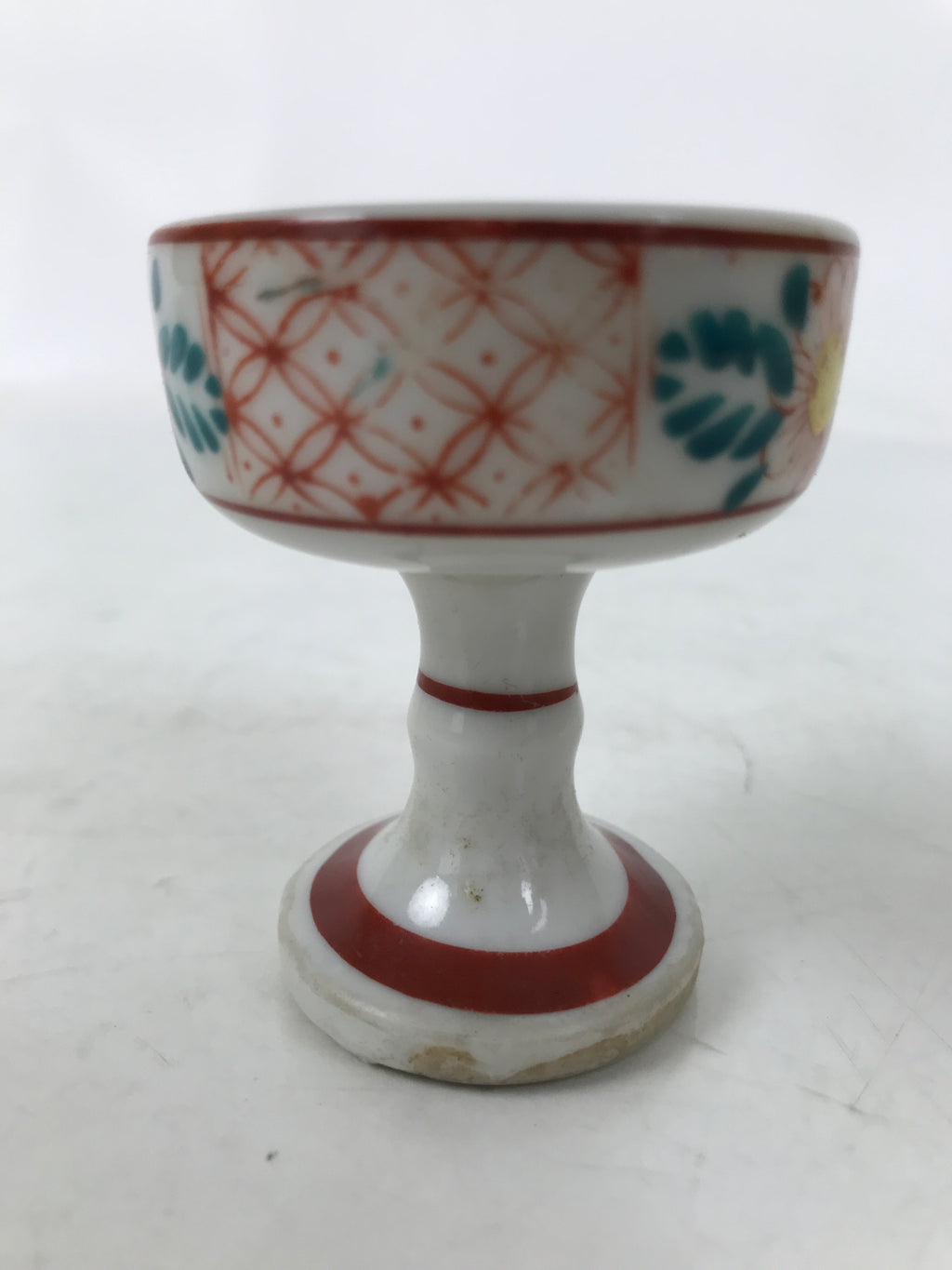 Japanese Buddhist Altar Porcelain Rice Offering Cup Vtg Red Chrysanthemum BA719