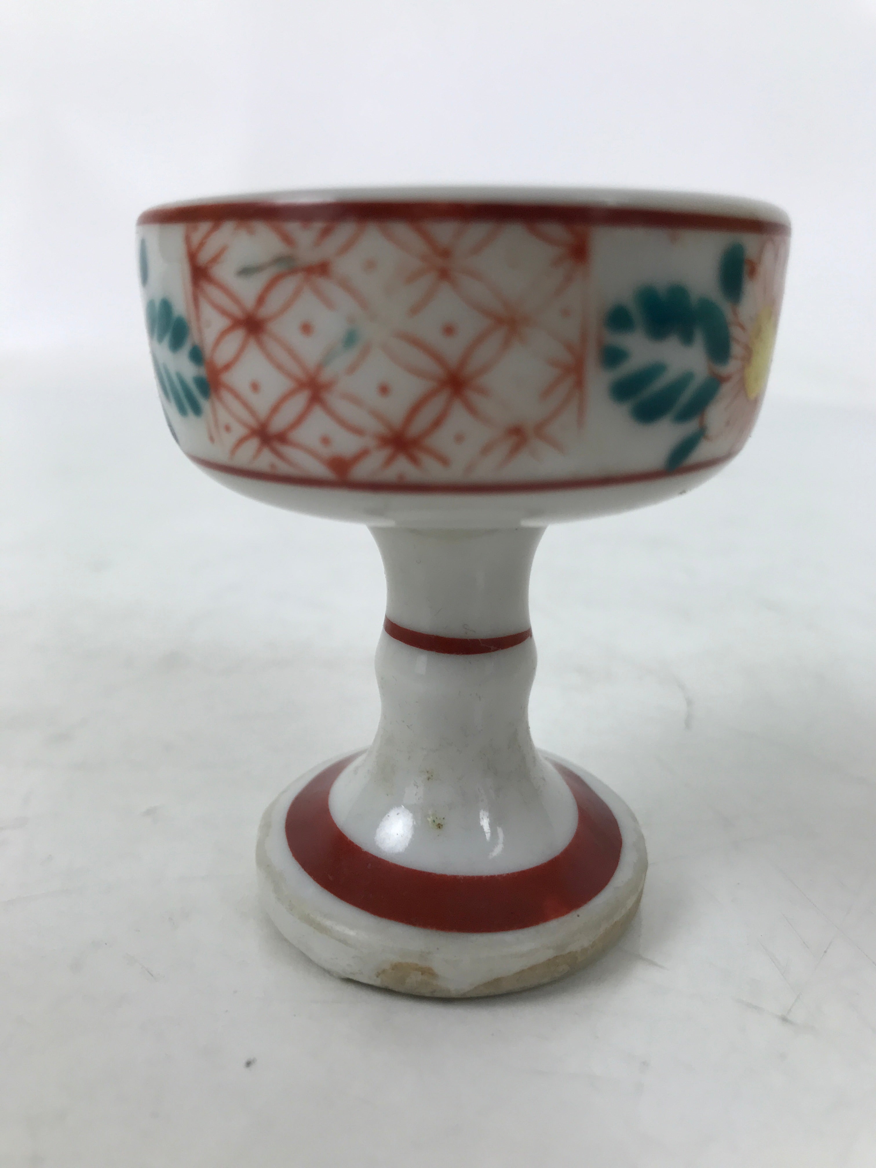 Japanese Buddhist Altar Porcelain Rice Offering Cup Vtg Red Chrysanthemum BA719