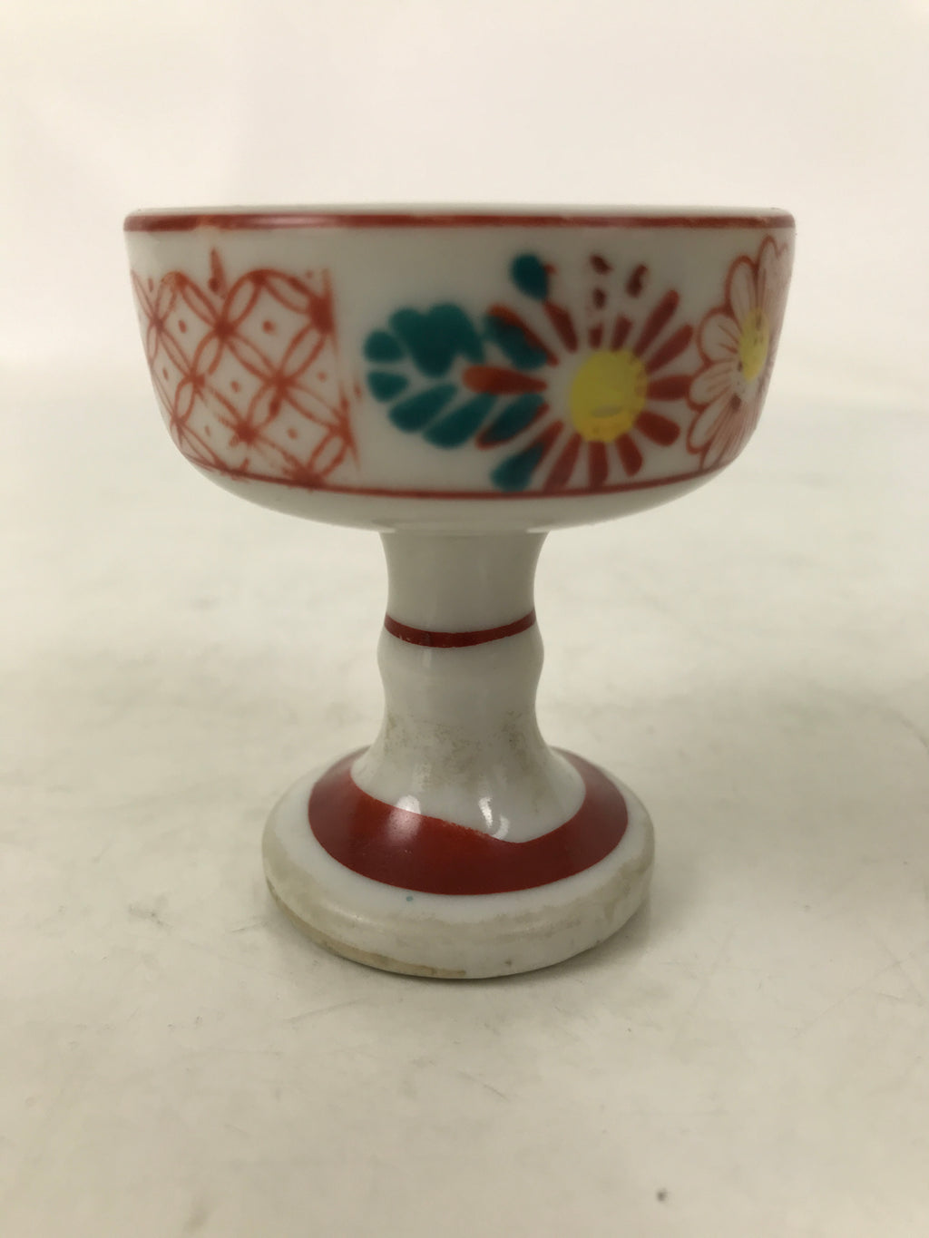 Japanese Buddhist Altar Porcelain Rice Offering Cup Vtg Red Chrysanthemum BA719