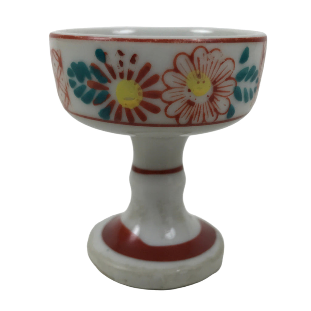 Japanese Buddhist Altar Porcelain Rice Offering Cup Vtg Red Chrysanthemum BA719