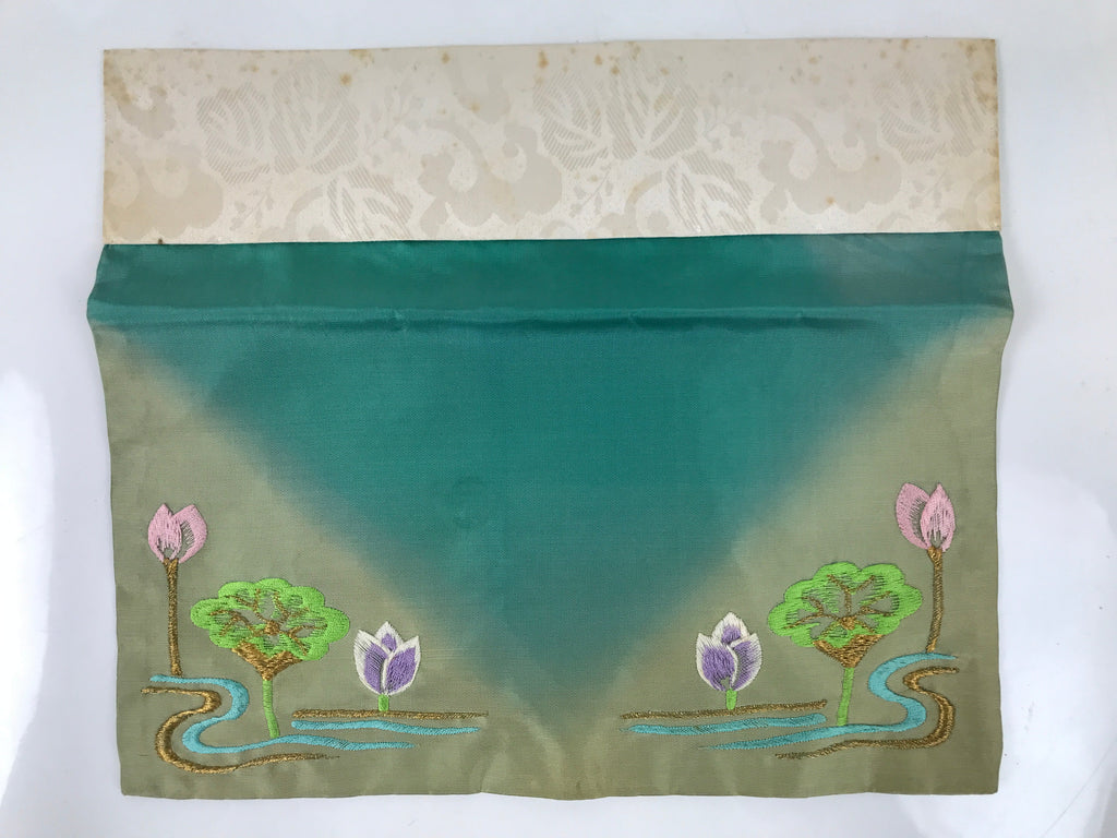 Japanese Buddhist Altar Silk Table Cloth Uchishiki Vtg Lotus Pond Blue Pink UC23