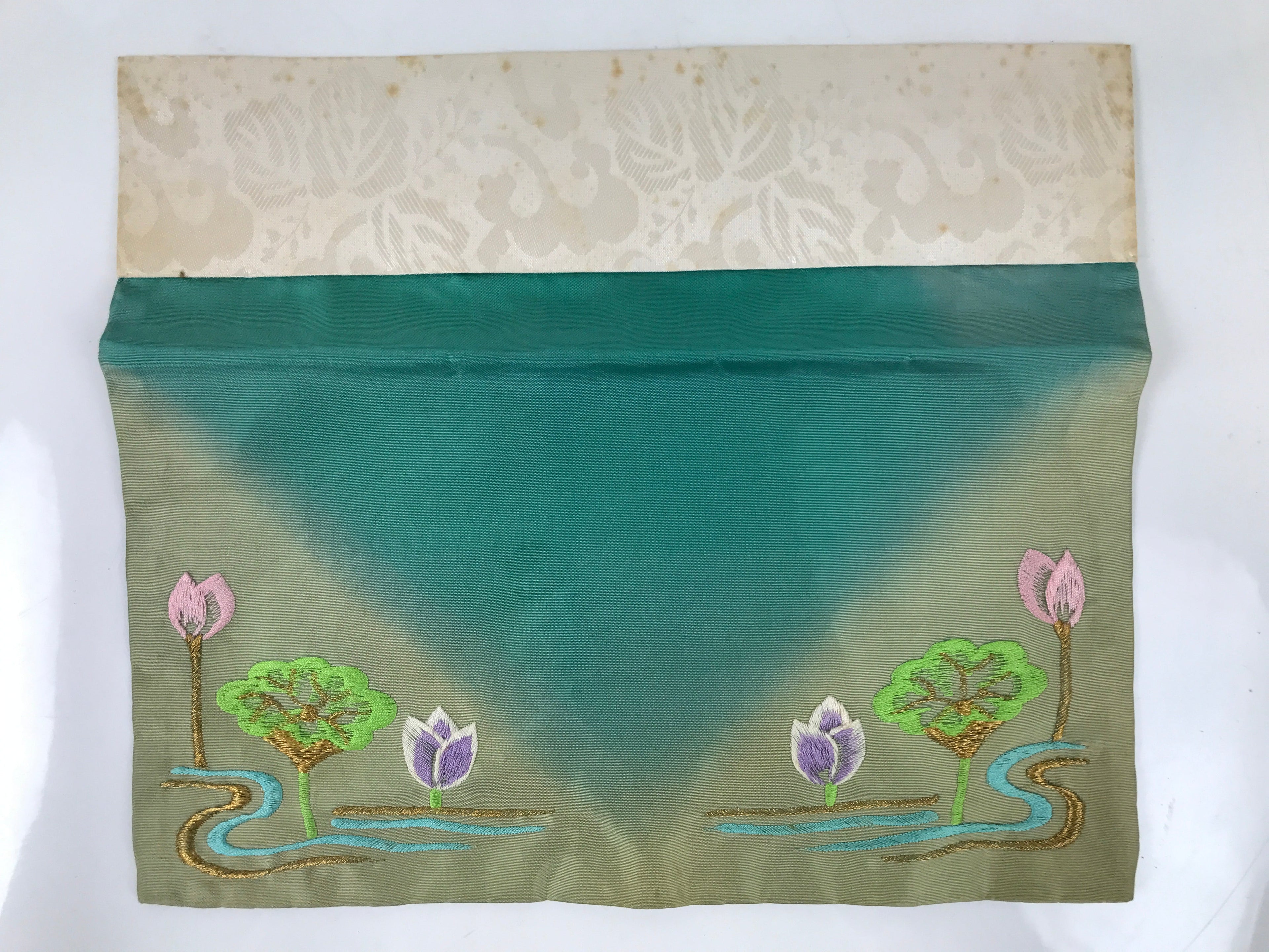 Japanese Buddhist Altar Silk Table Cloth Uchishiki Vtg Lotus Pond Blue Pink UC23