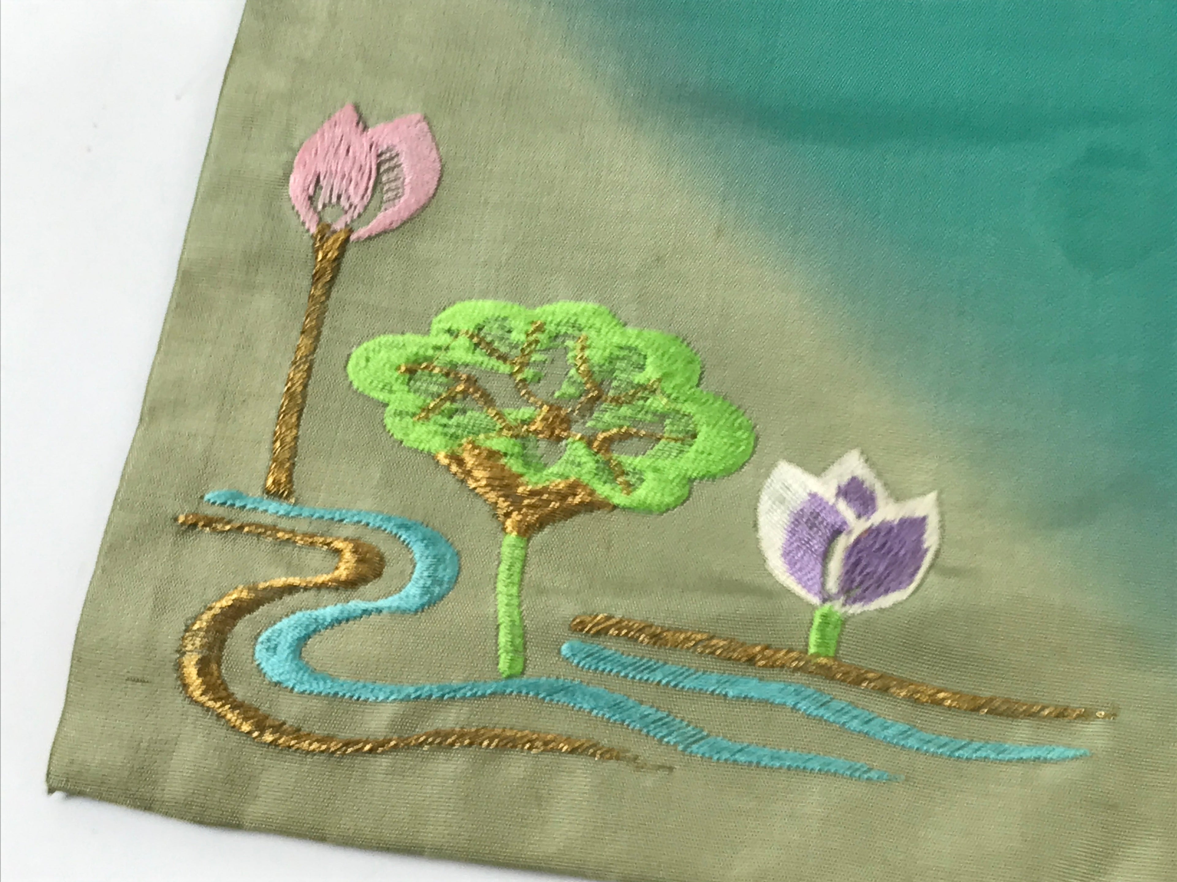 Japanese Buddhist Altar Silk Table Cloth Uchishiki Vtg Lotus Pond Blue Pink UC23