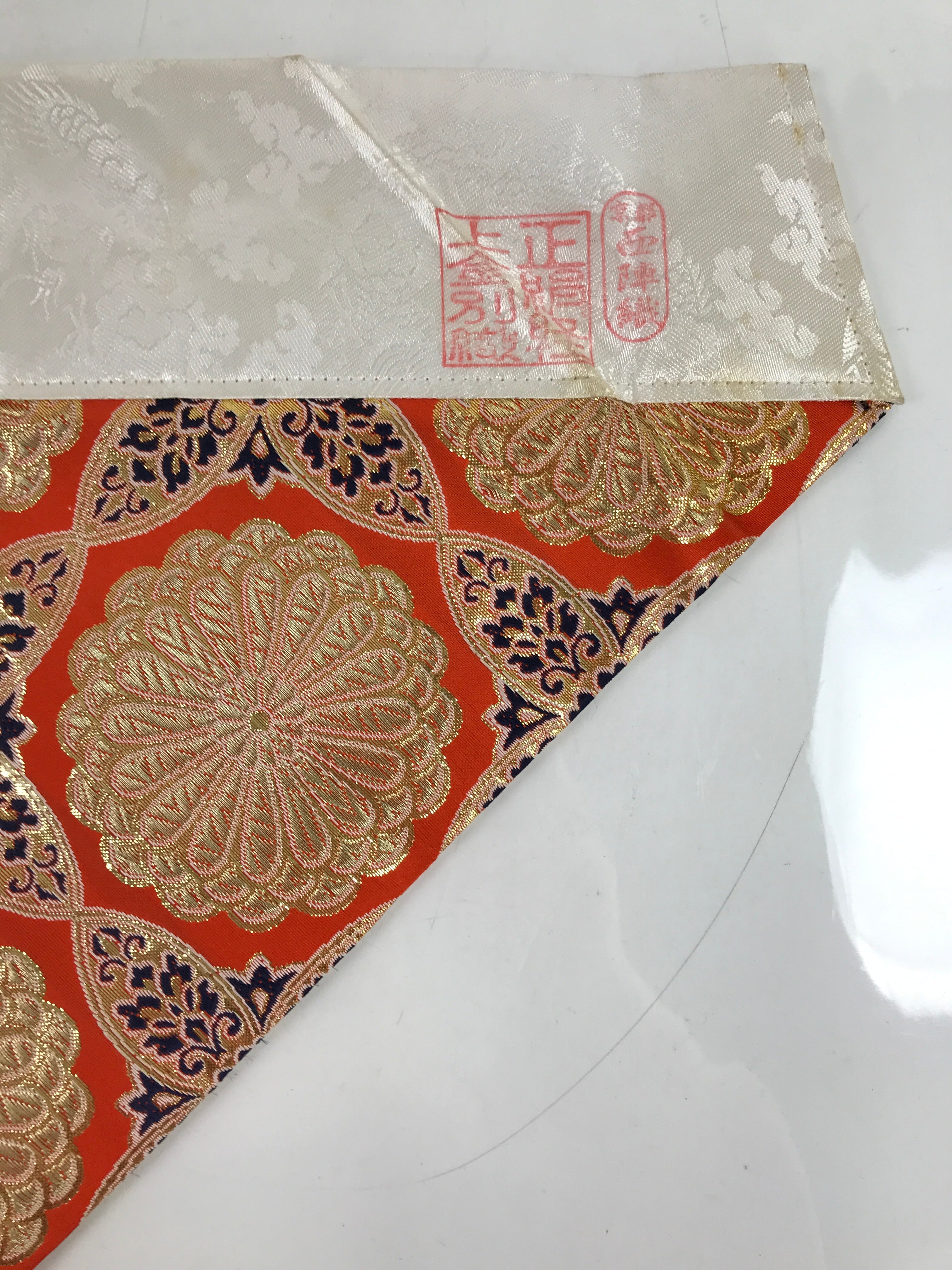 Japanese Buddhist Altar Silk Table Cloth Uchishiki Vtg Orange Gold Flower UC1