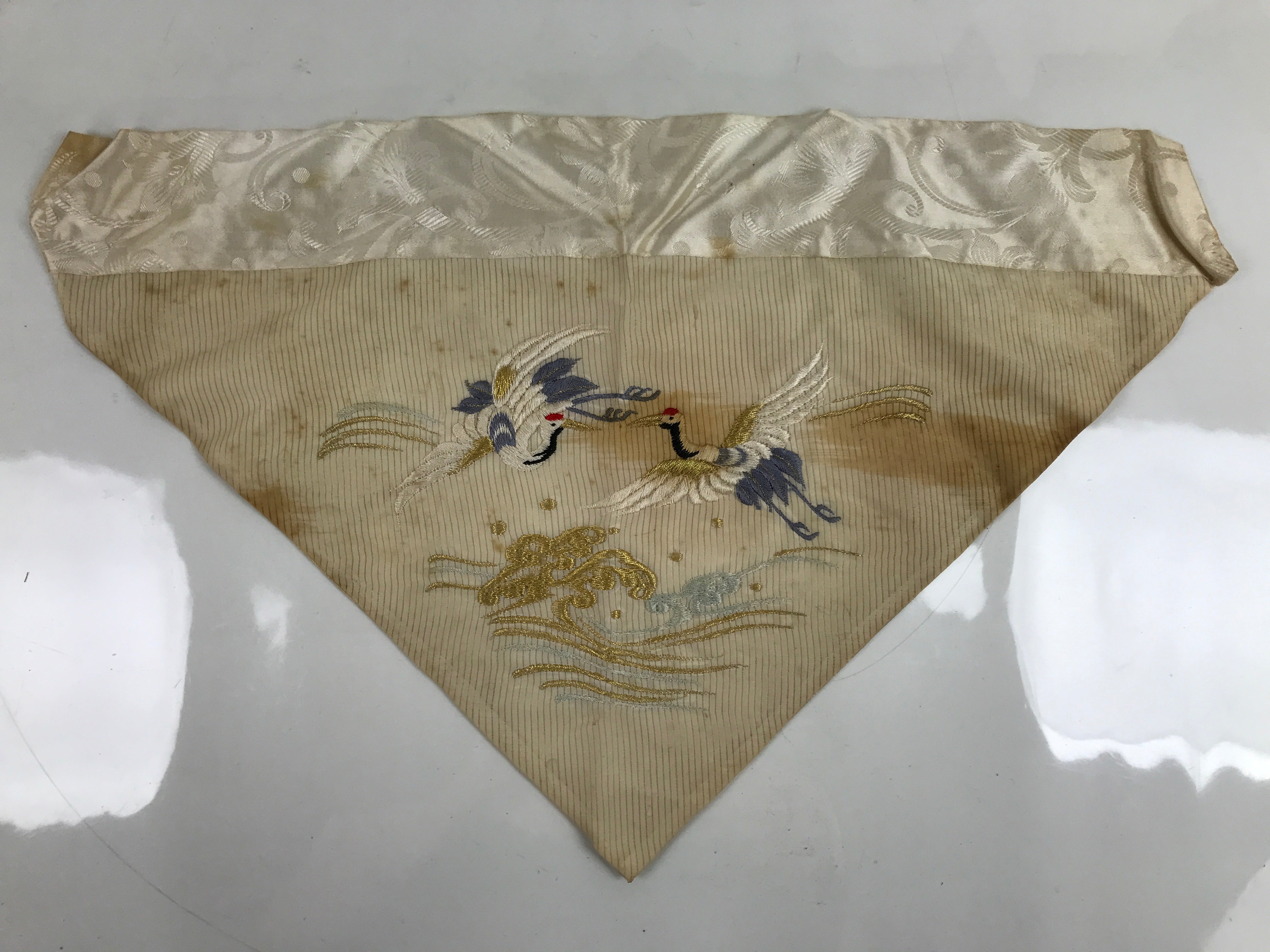 Japanese Buddhist Altar Silk Table Cloth Uchishiki Vtg White Crane Wave UC12