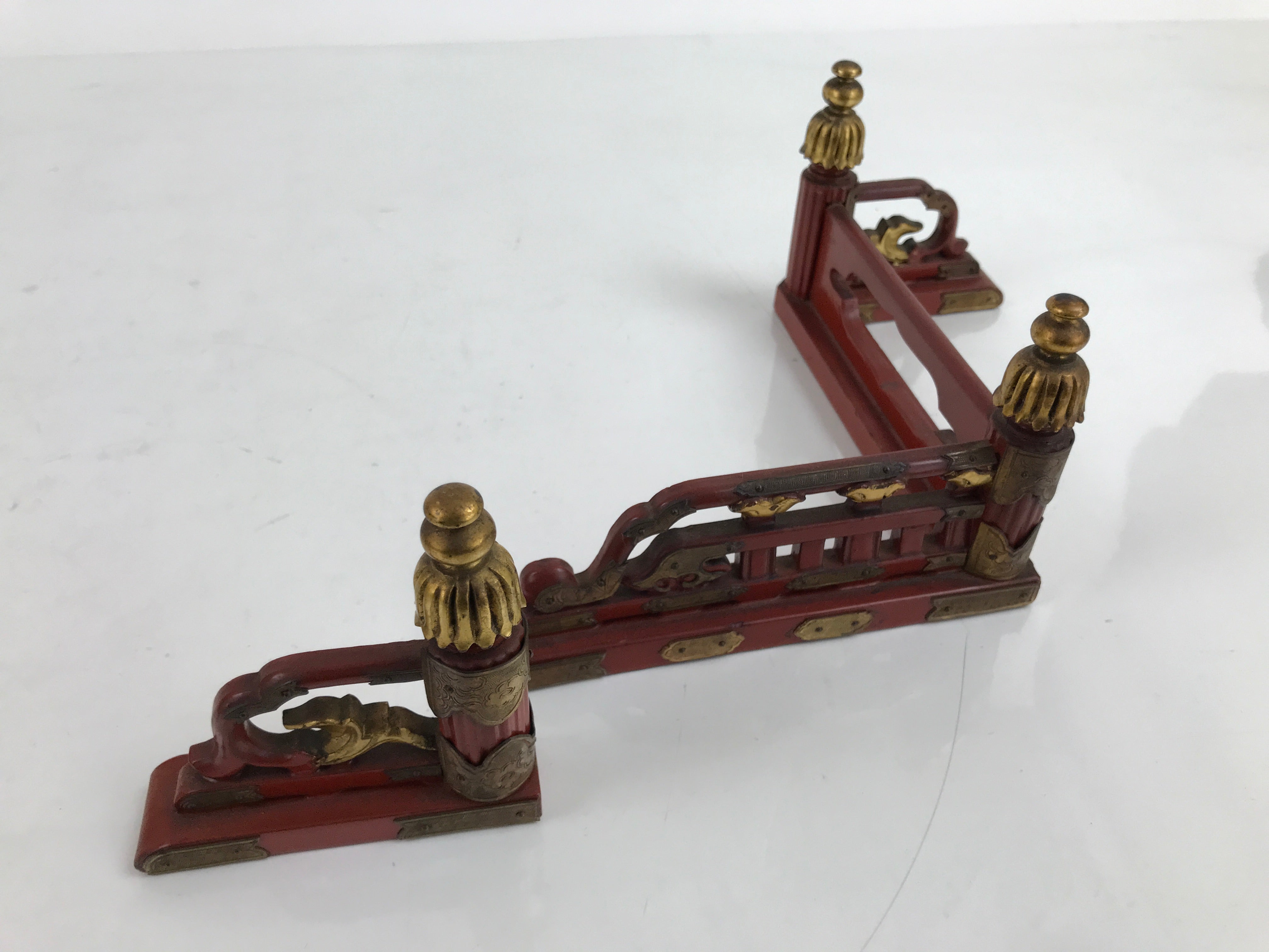 Japanese Buddhist Altar Wood Kouran Railing Decorative Part 4pc Brass Red BA424