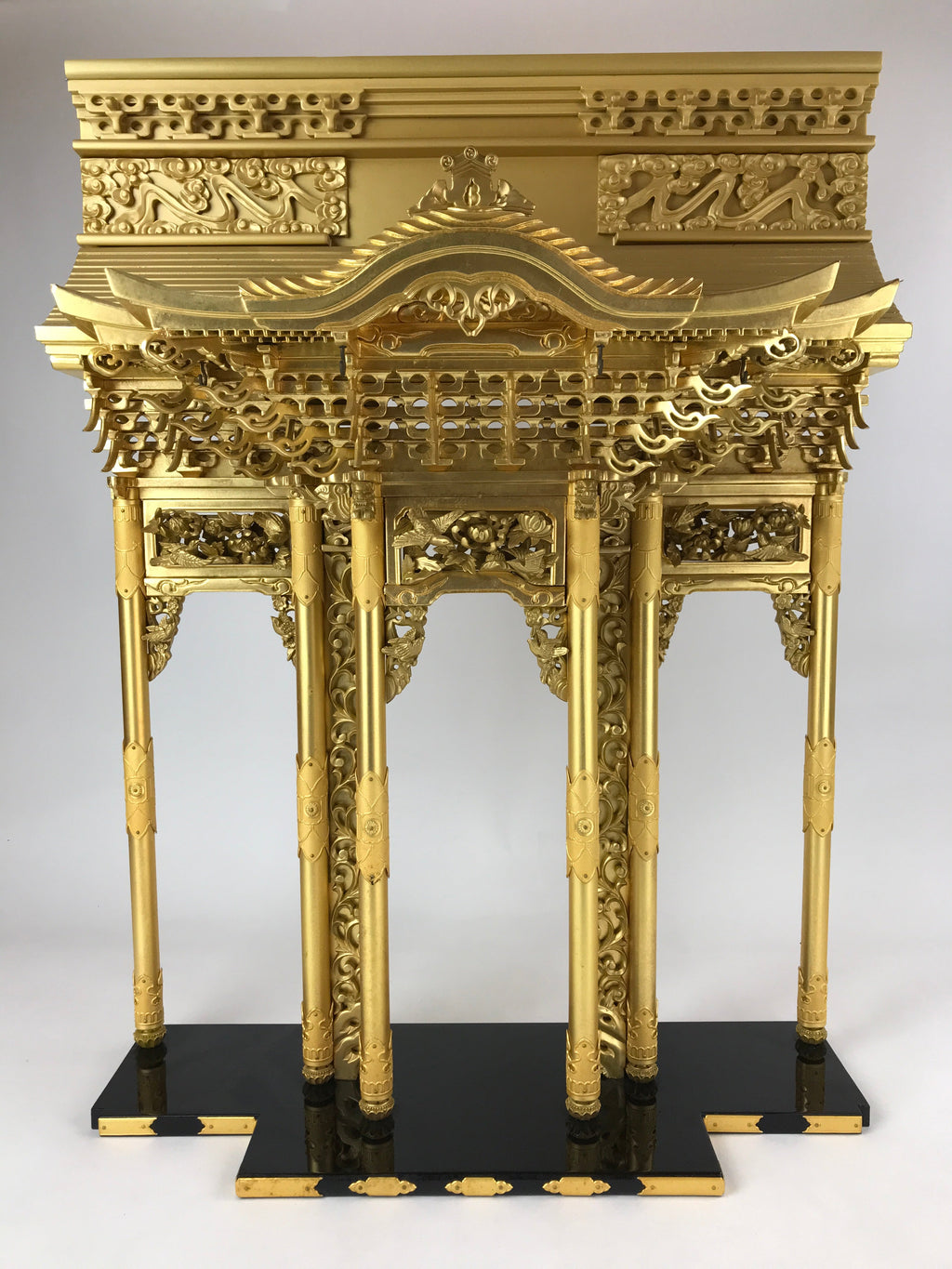 Japanese Buddhist Altar Wood Lacquer Inner Temple Gilt Brass Black Gold BA241