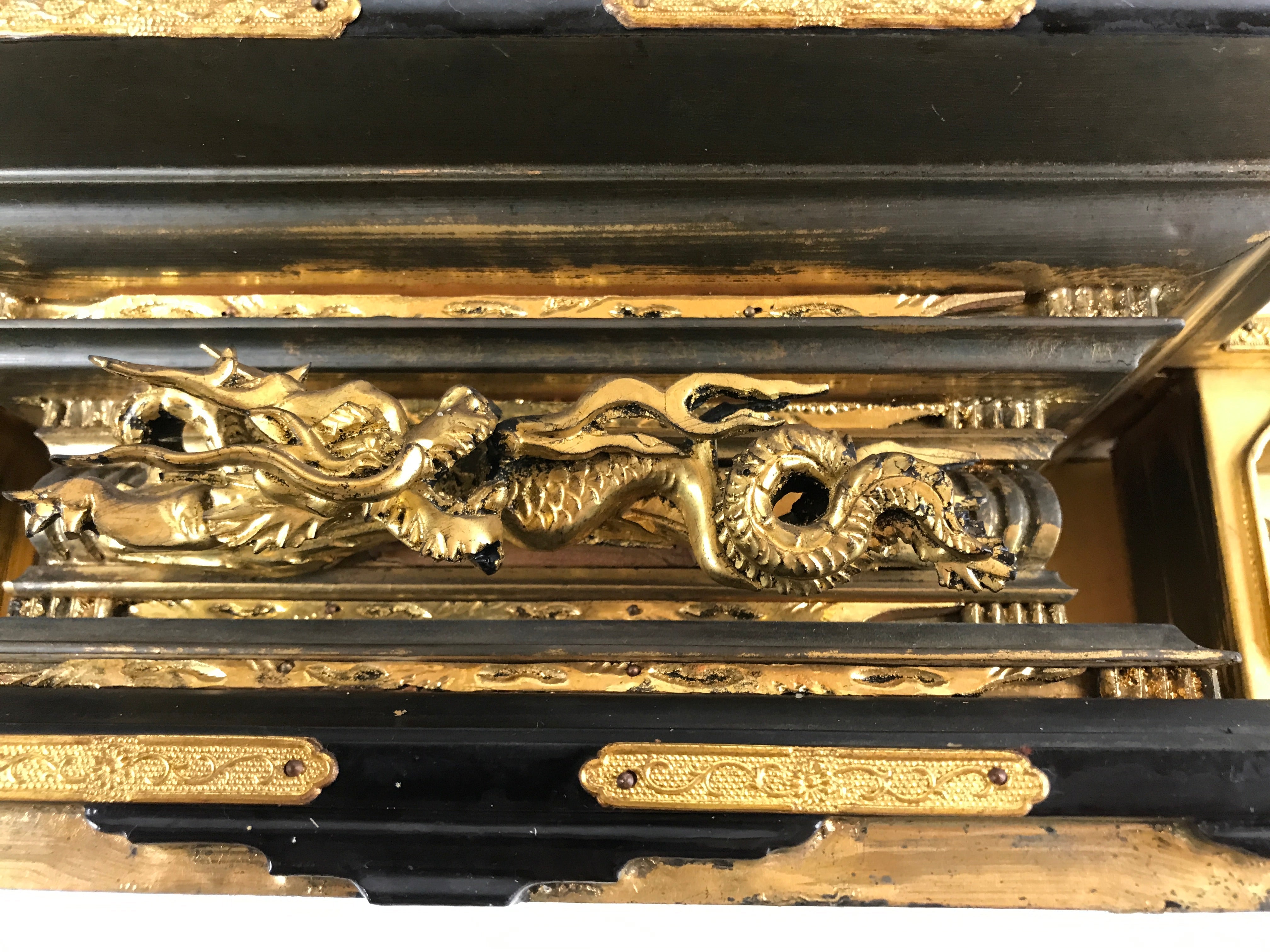 Japanese Buddhist Altar Wood Lacquer Inner Temple Gilt Brass Black Gold BA279