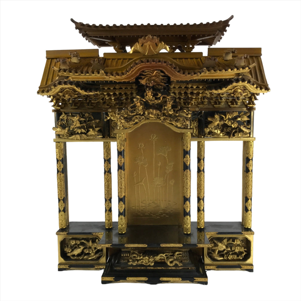Japanese Buddhist Altar Wood Lacquer Inner Temple Gilt Brass Black Gold BA279