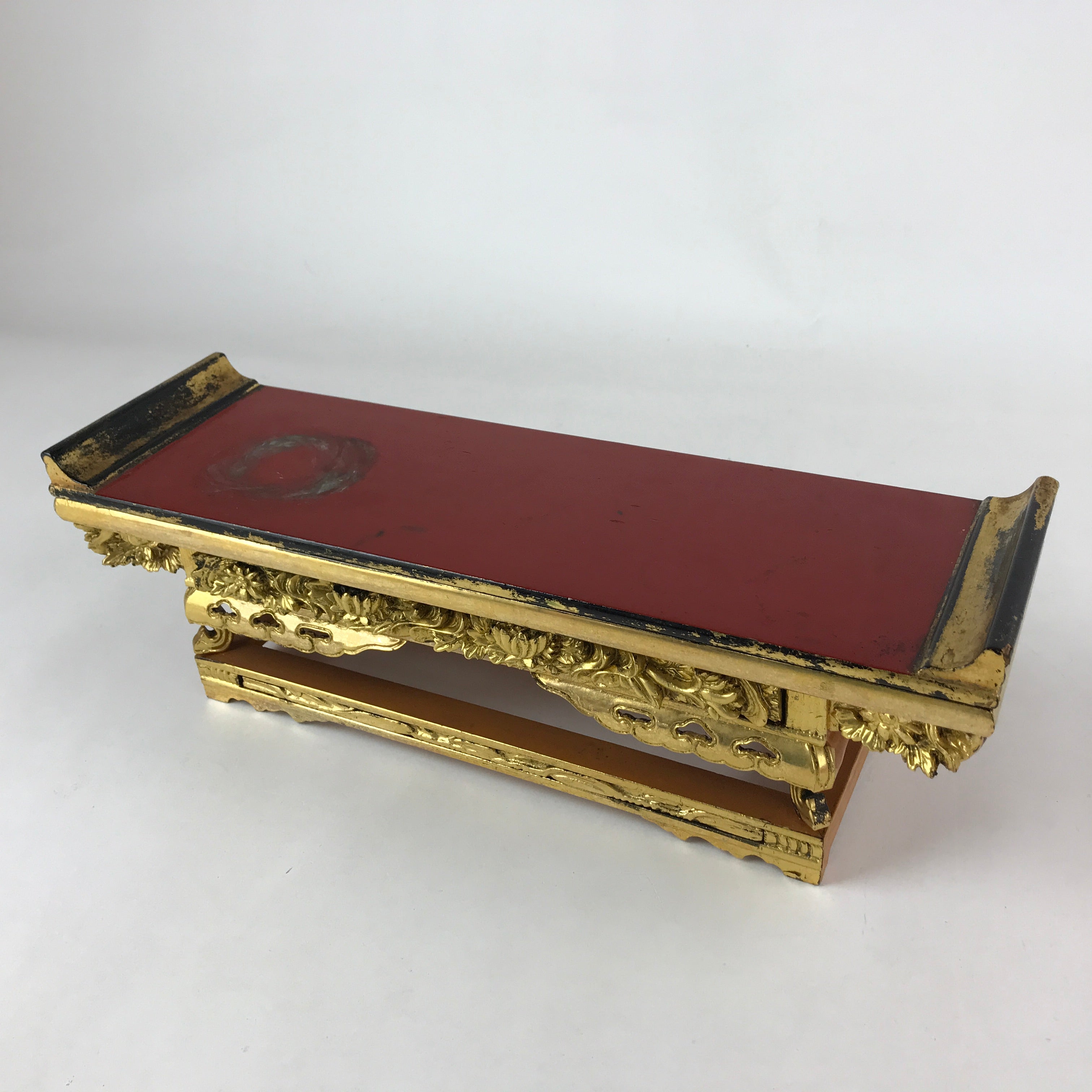 Japanese Buddhist Altar Wood Lacquer Offering Table Vtg Maejyoku Red Gold BA218