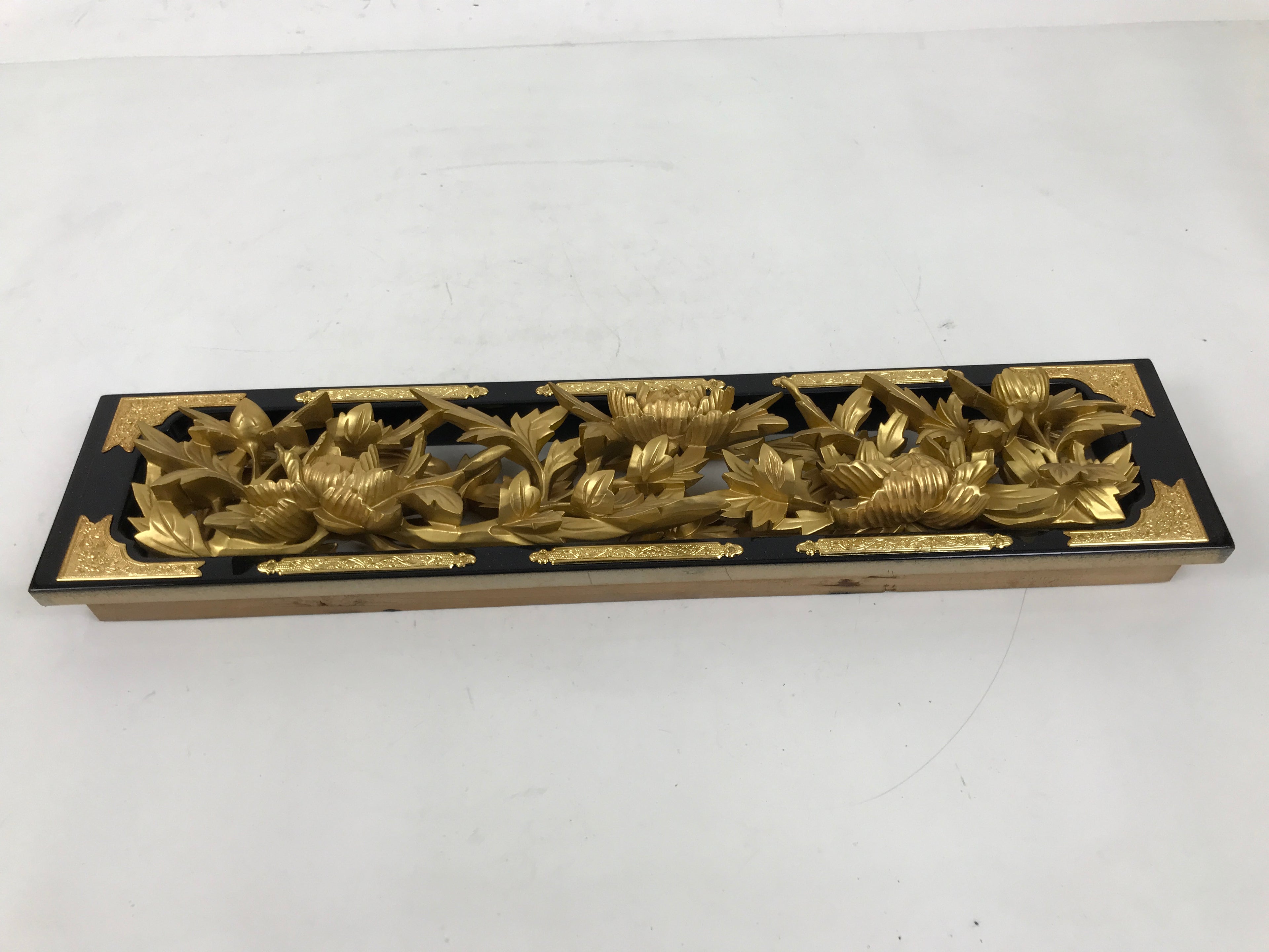 Japanese Buddhist Altar Wood Lacquer Part Carved Peony Botan Gold Brass BA722