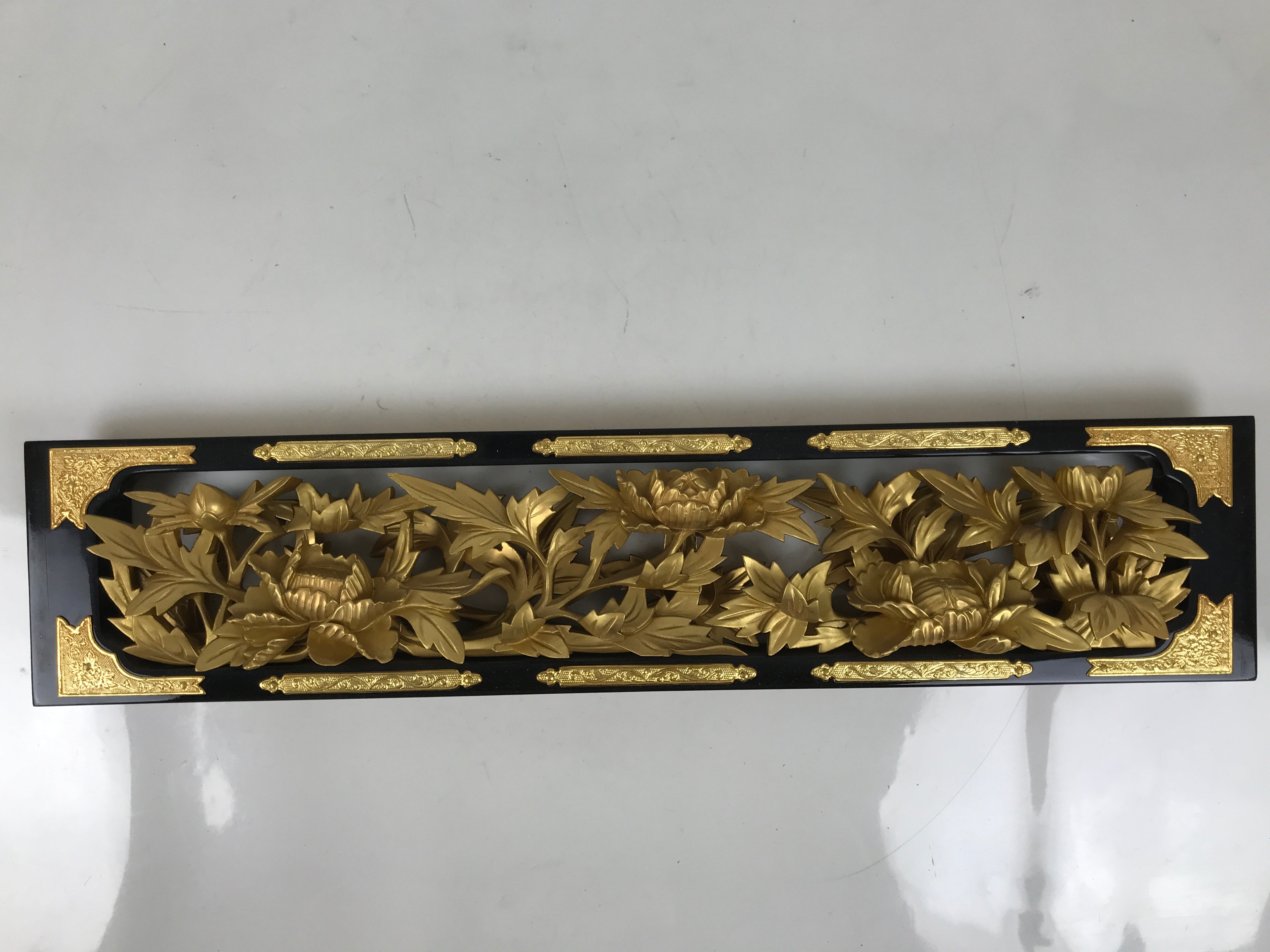 Japanese Buddhist Altar Wood Lacquer Part Carved Peony Botan Gold Brass BA722