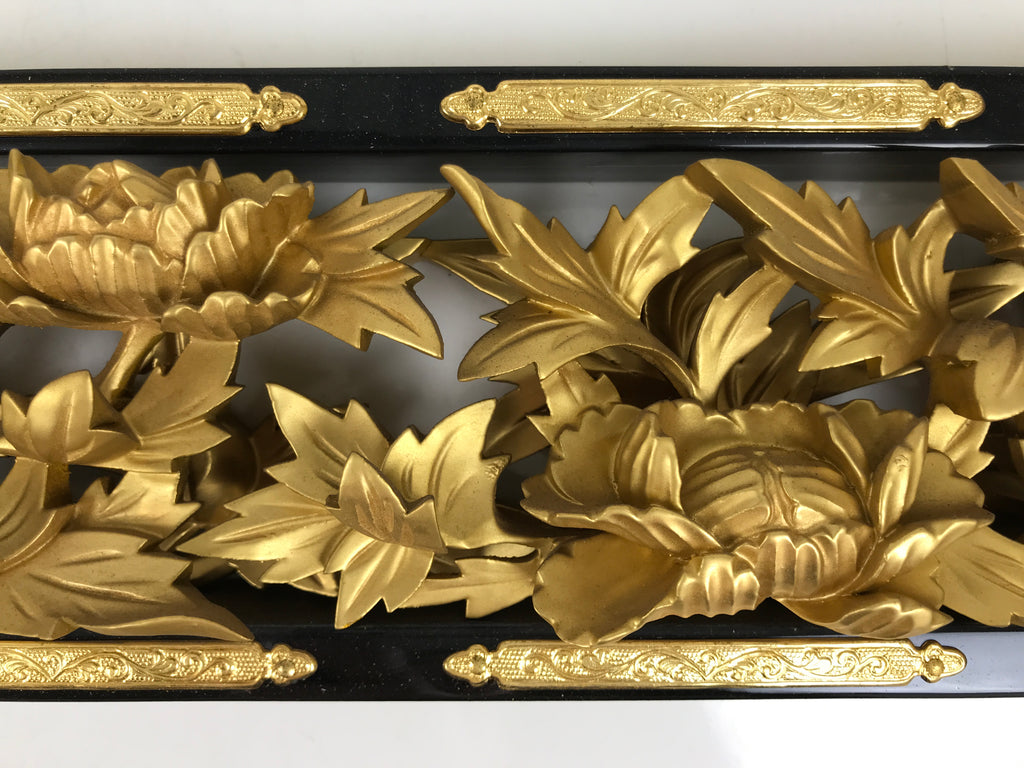 Japanese Buddhist Altar Wood Lacquer Part Carved Peony Botan Gold Brass BA722