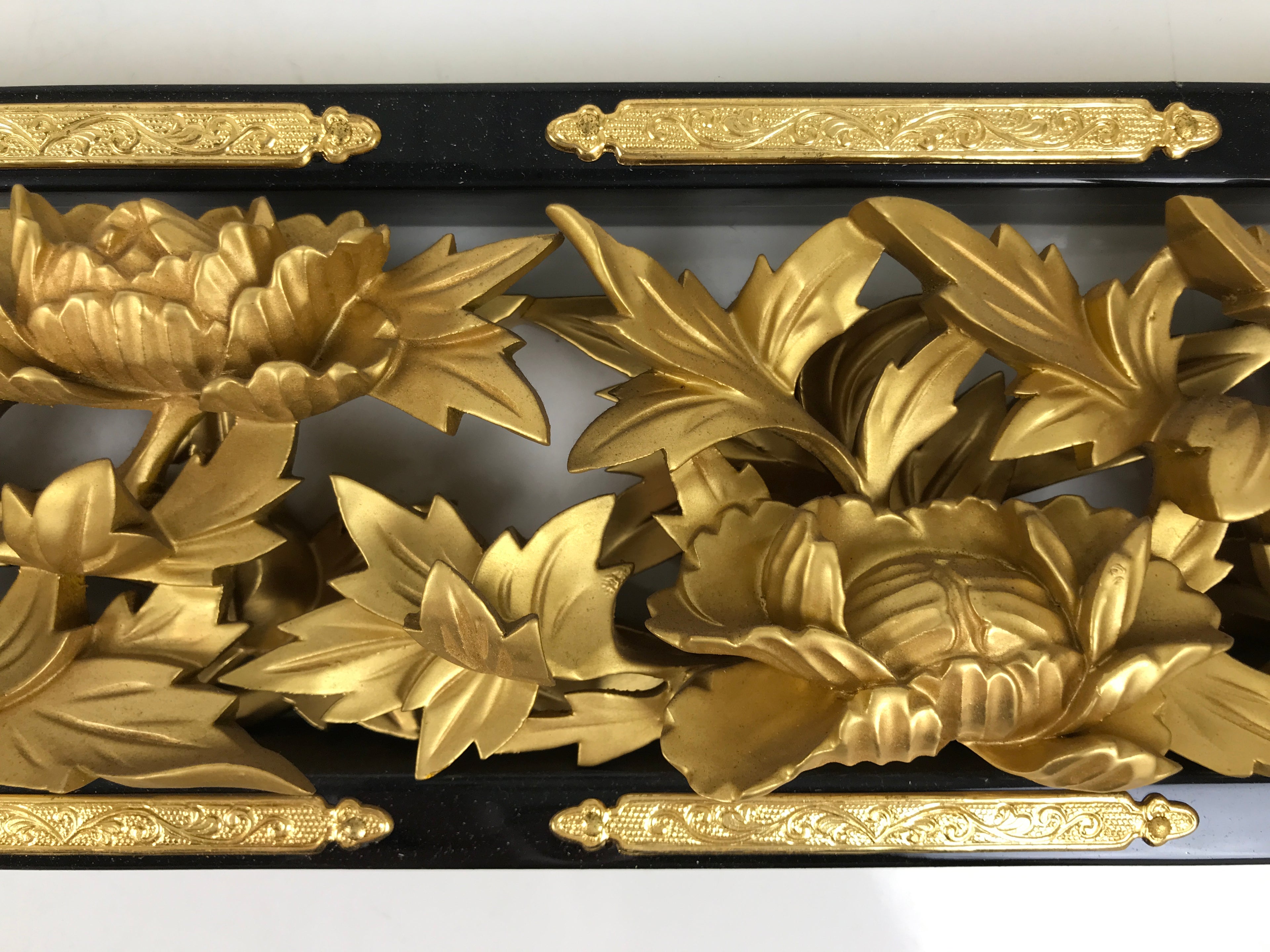 Japanese Buddhist Altar Wood Lacquer Part Carved Peony Botan Gold Brass BA722