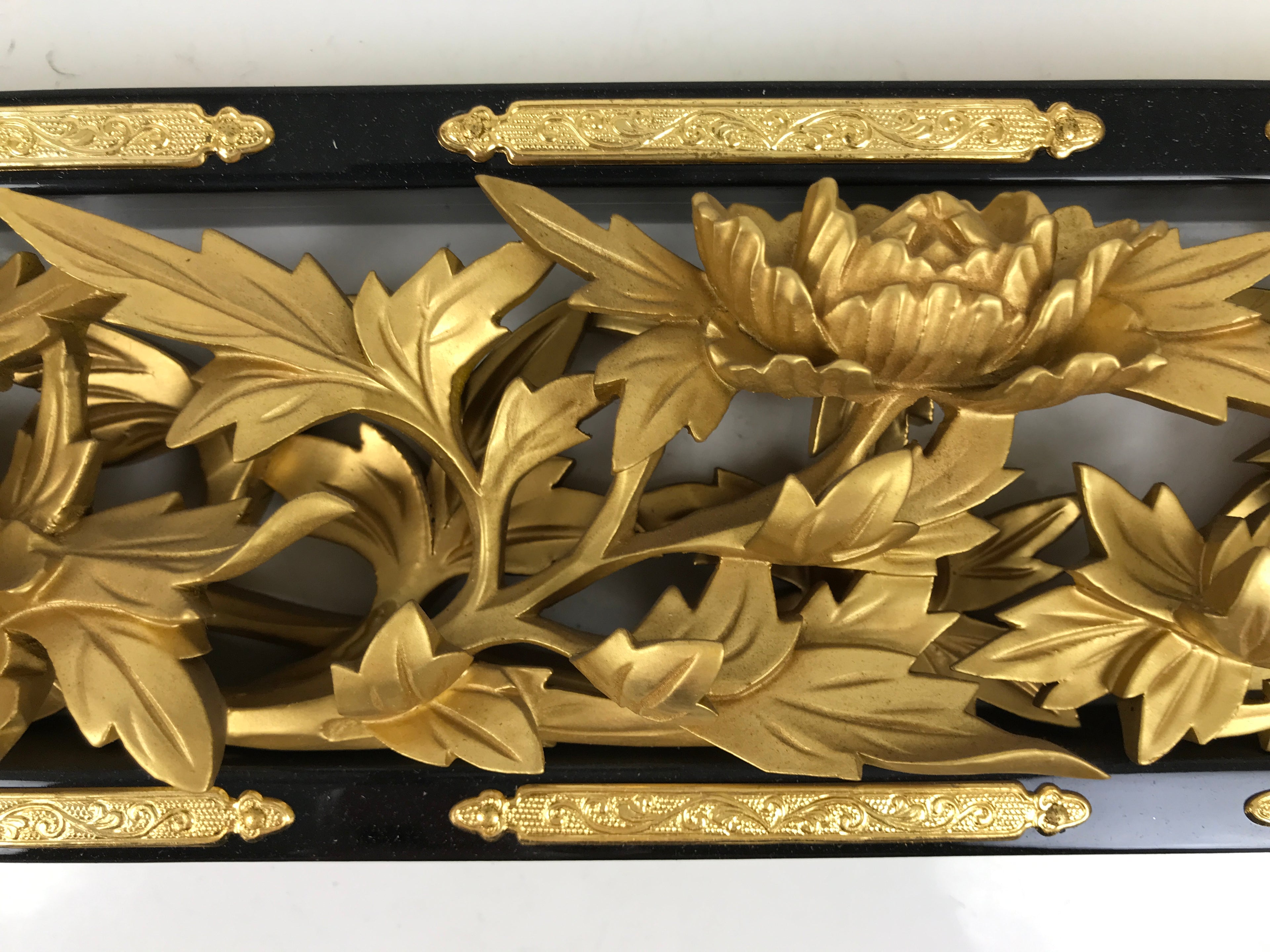 Japanese Buddhist Altar Wood Lacquer Part Carved Peony Botan Gold Brass BA722