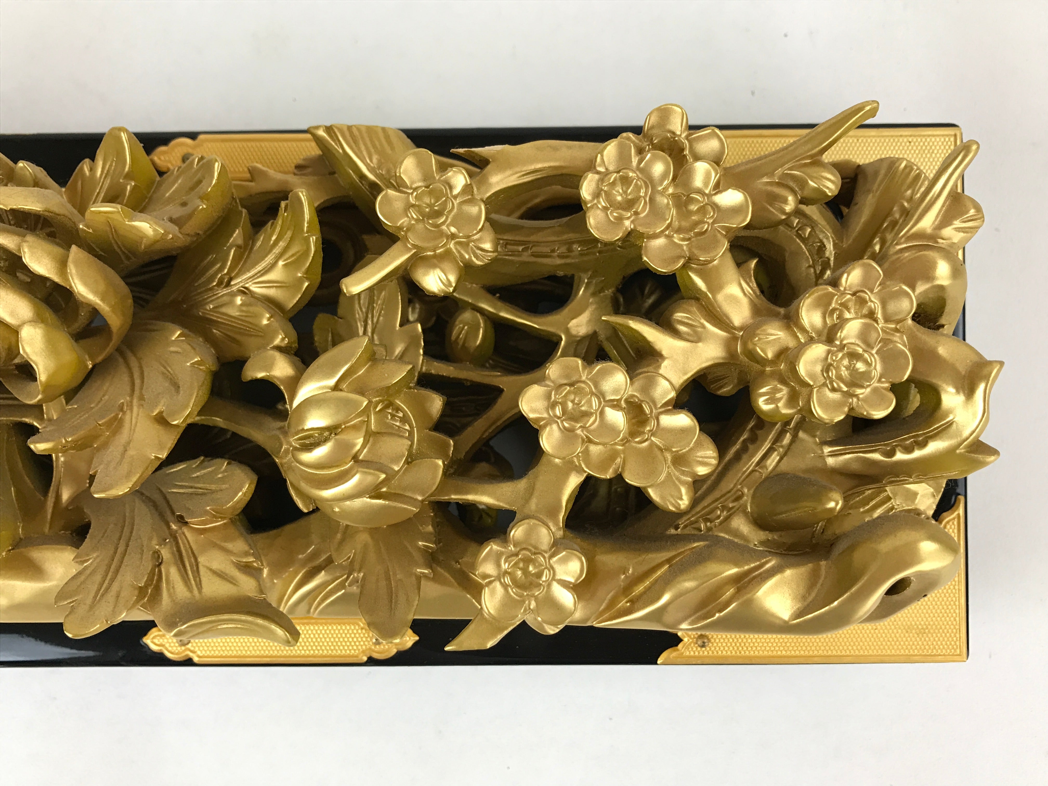 Japanese Buddhist Altar Wood Lacquer Part Vtg Brass Carved Flowers Gold BA239
