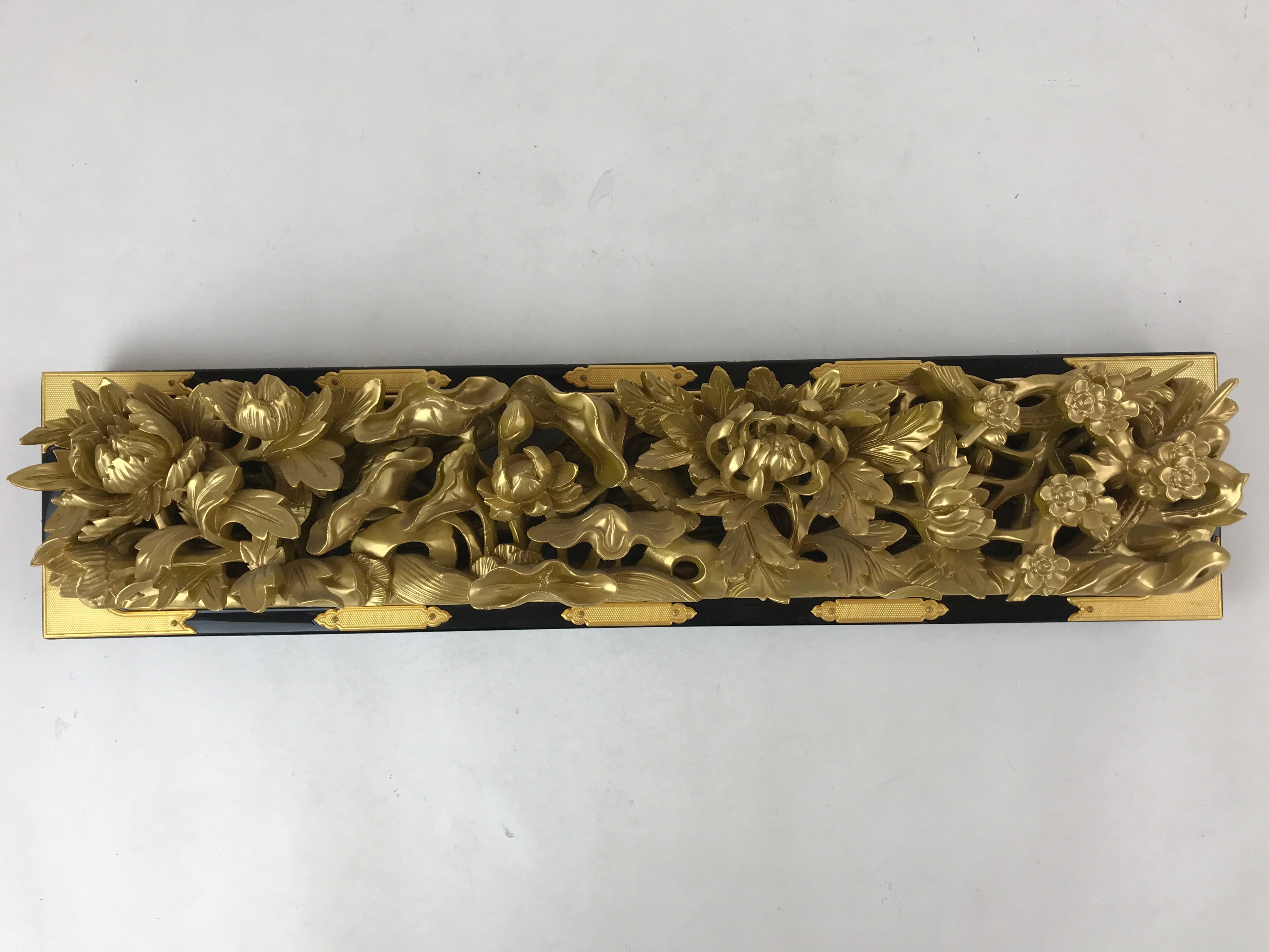 Japanese Buddhist Altar Wood Lacquer Part Vtg Brass Carved Flowers Gold BA239