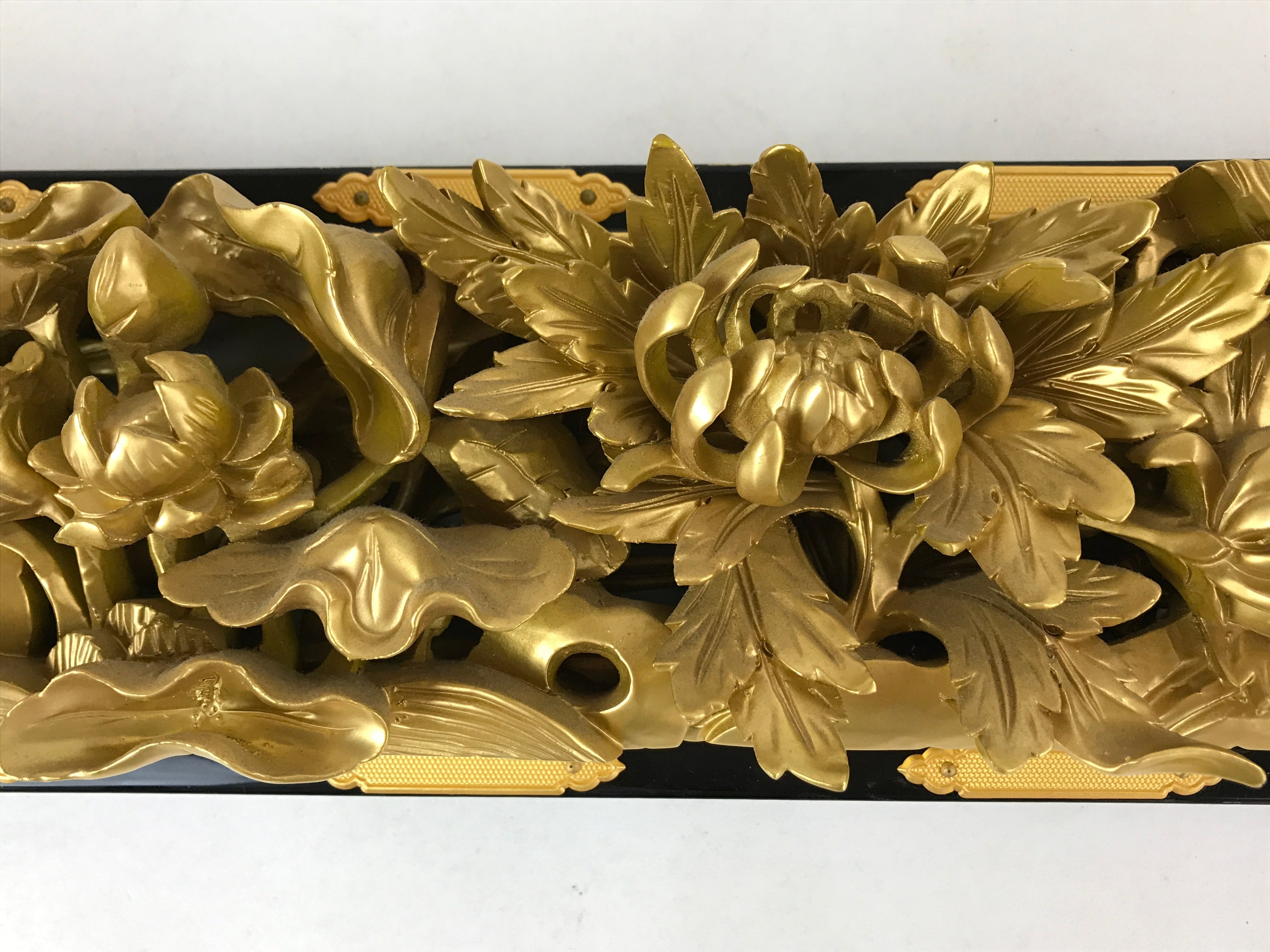 Japanese Buddhist Altar Wood Lacquer Part Vtg Brass Carved Flowers Gold BA239