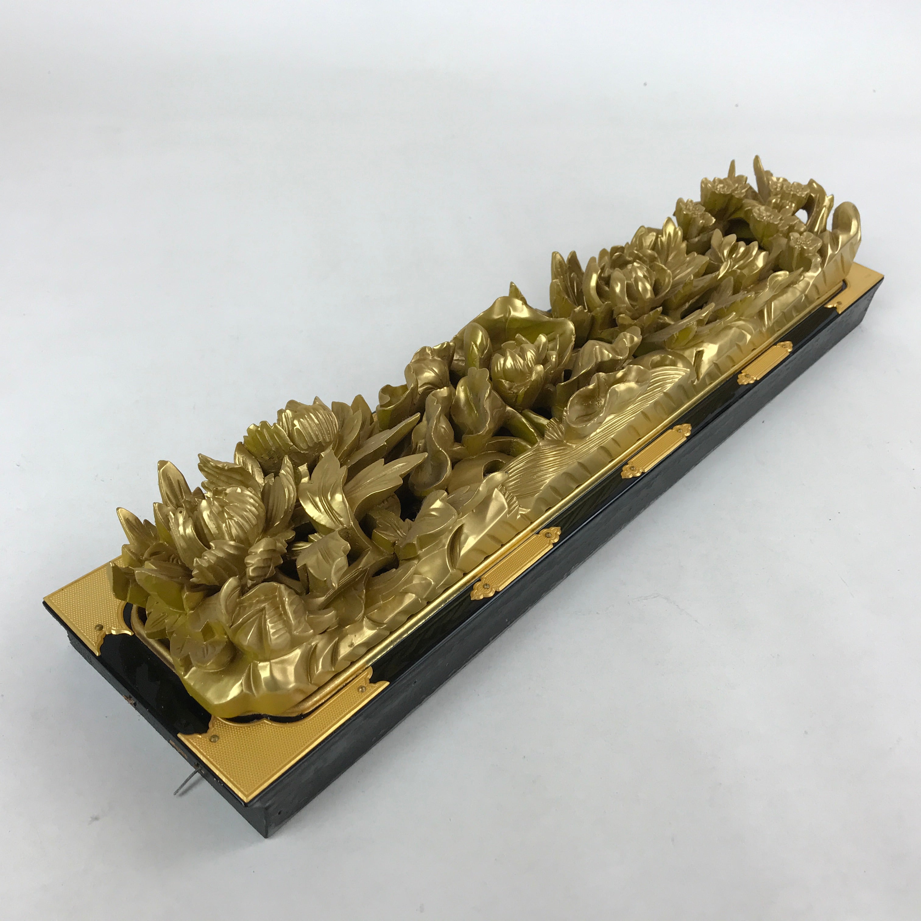 Japanese Buddhist Altar Wood Lacquer Part Vtg Brass Carved Flowers Gold BA239