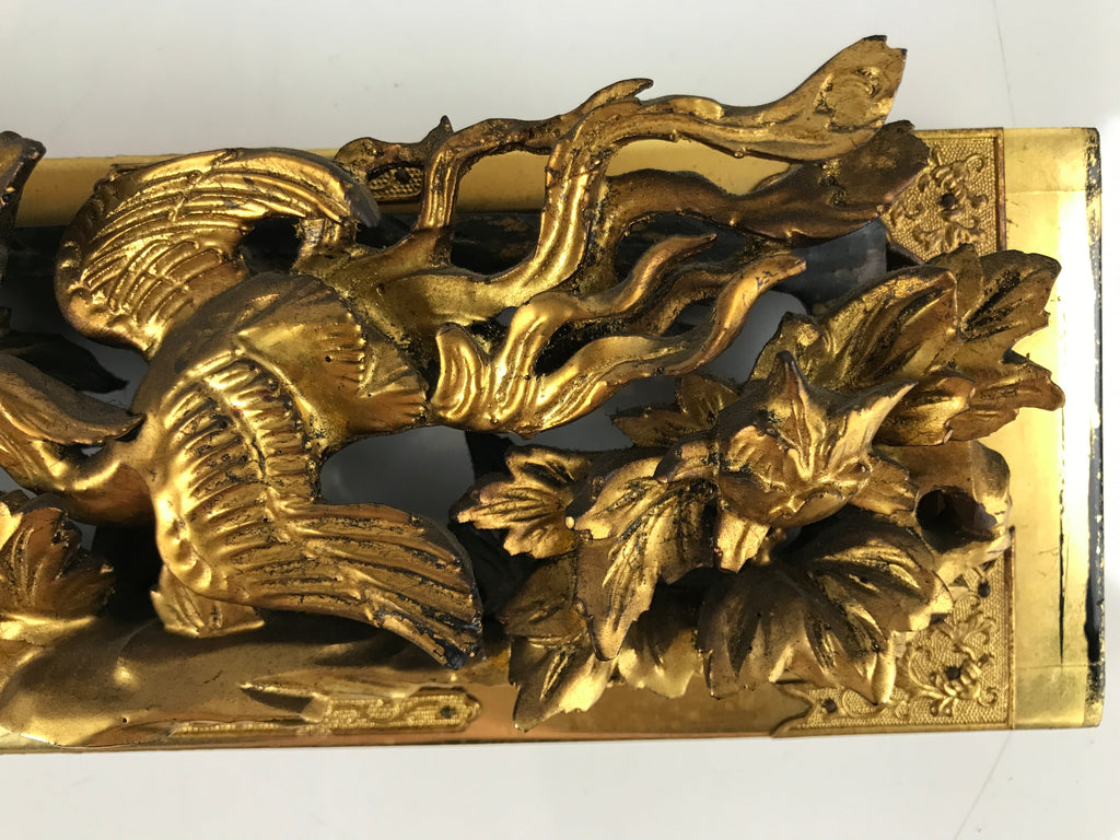 Japanese Buddhist Altar Wood Lacquer Part Vtg Gilt Carved Peony Birds Gold BA285