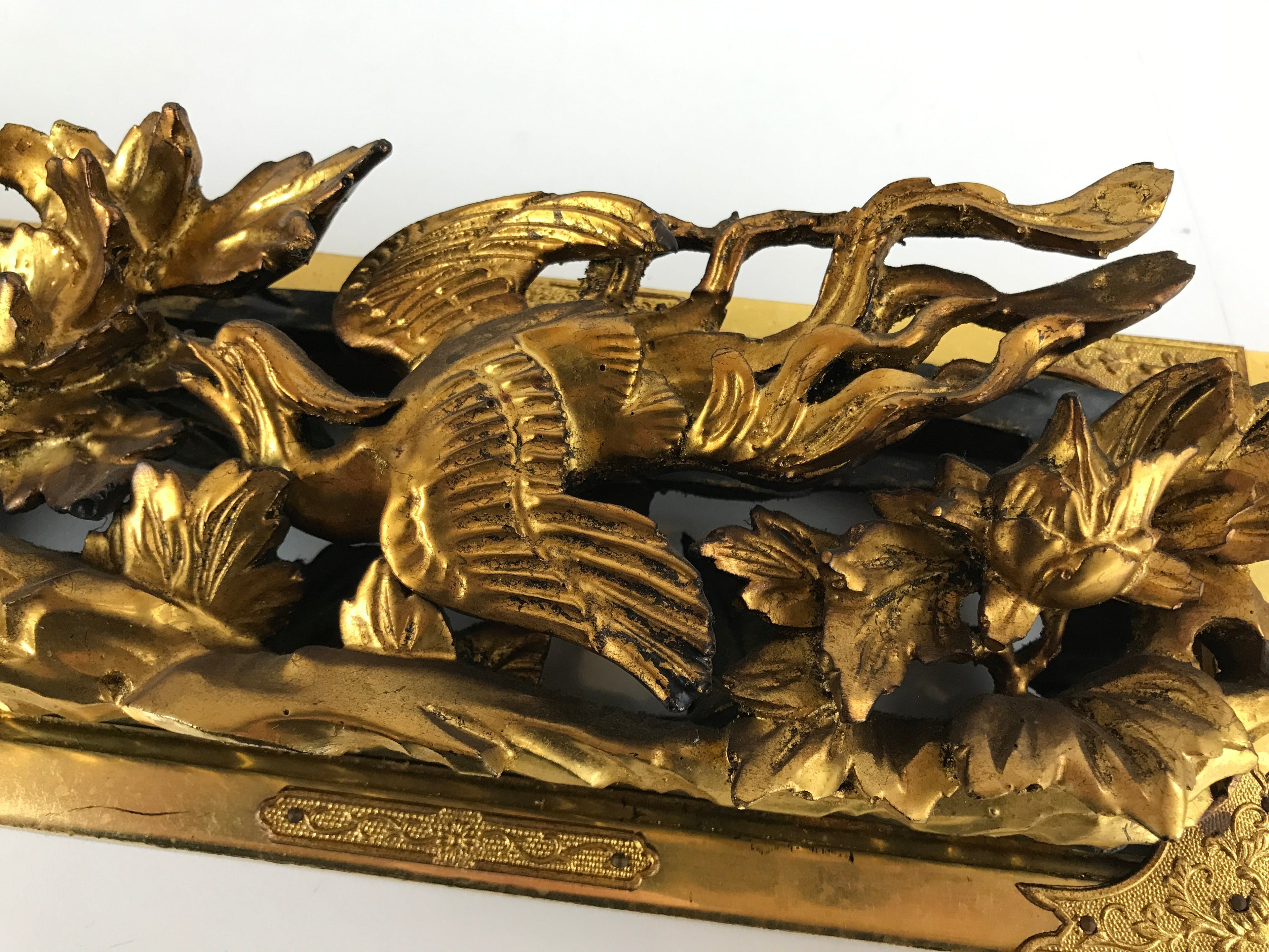 Japanese Buddhist Altar Wood Lacquer Part Vtg Gilt Carved Peony Birds Gold BA285