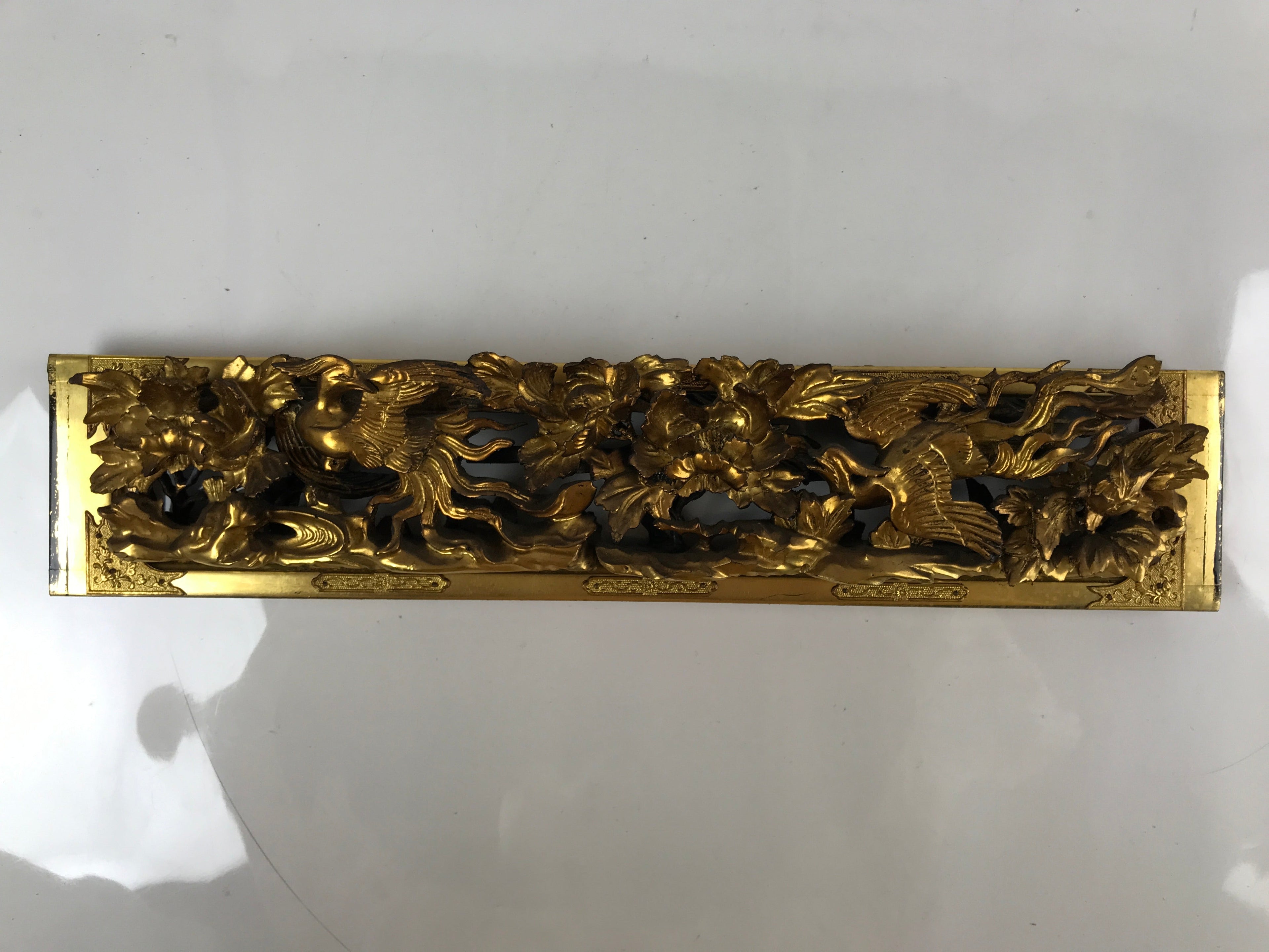 Japanese Buddhist Altar Wood Lacquer Part Vtg Gilt Carved Peony Birds Gold BA285