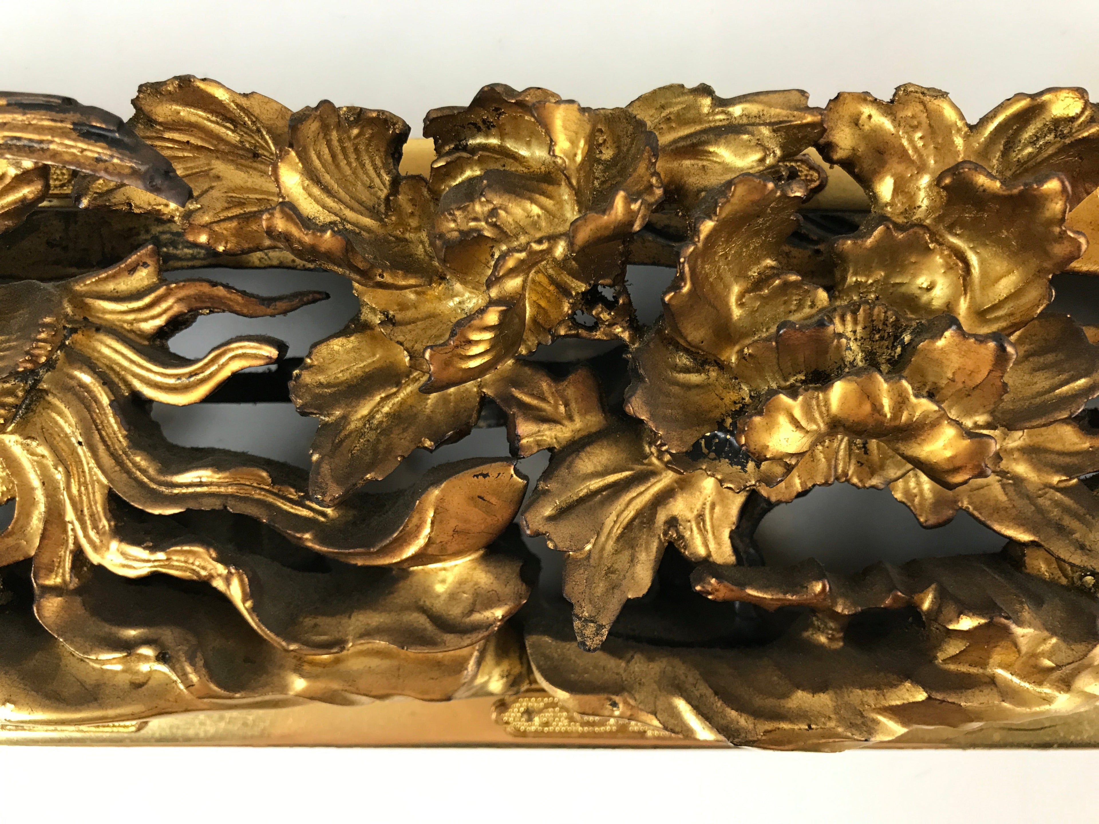 Japanese Buddhist Altar Wood Lacquer Part Vtg Gilt Carved Peony Birds Gold BA285