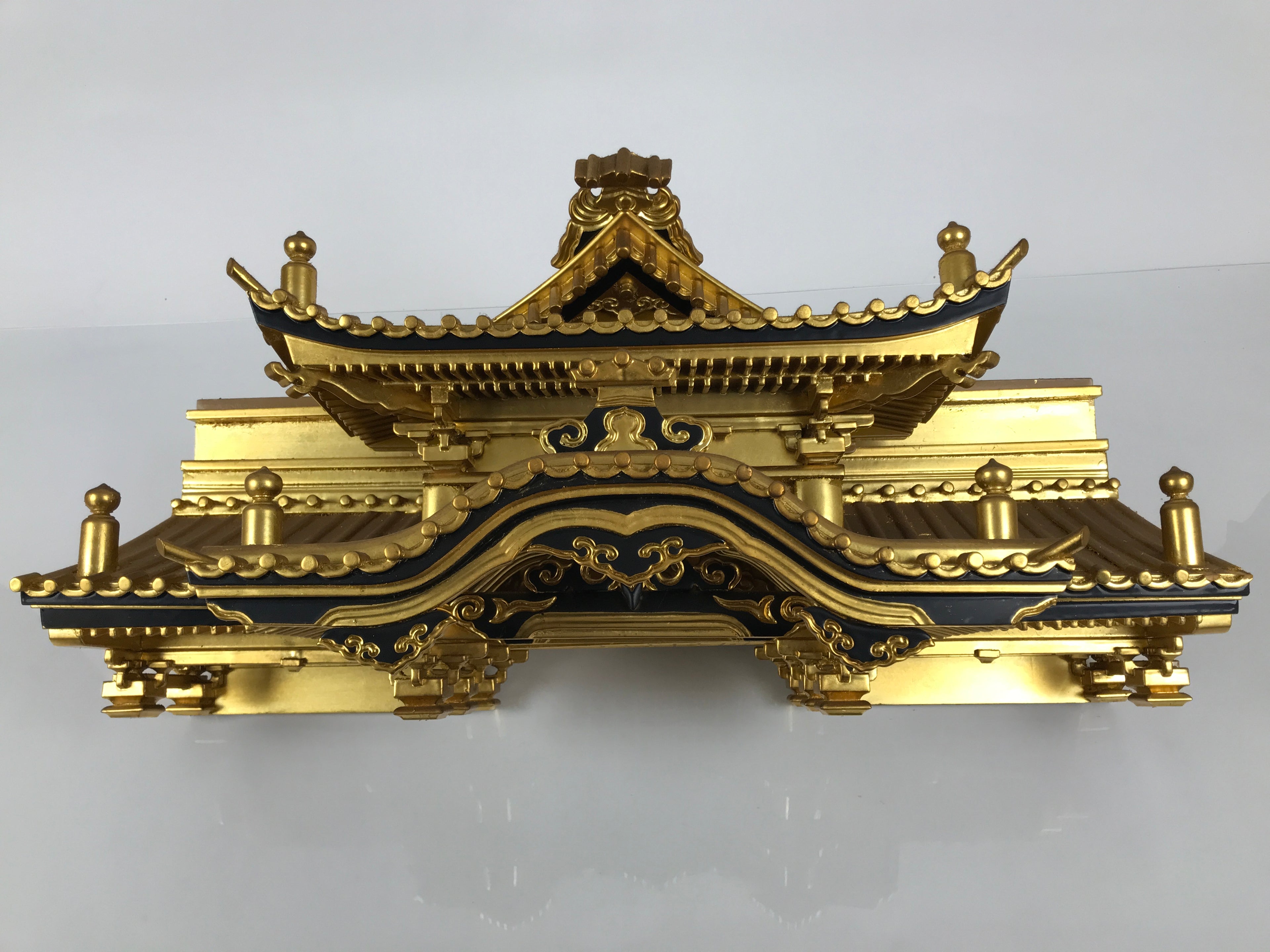 Japanese Buddhist Altar Wooden Lacquer Temple Roof Part Carved Gold Black BP31
