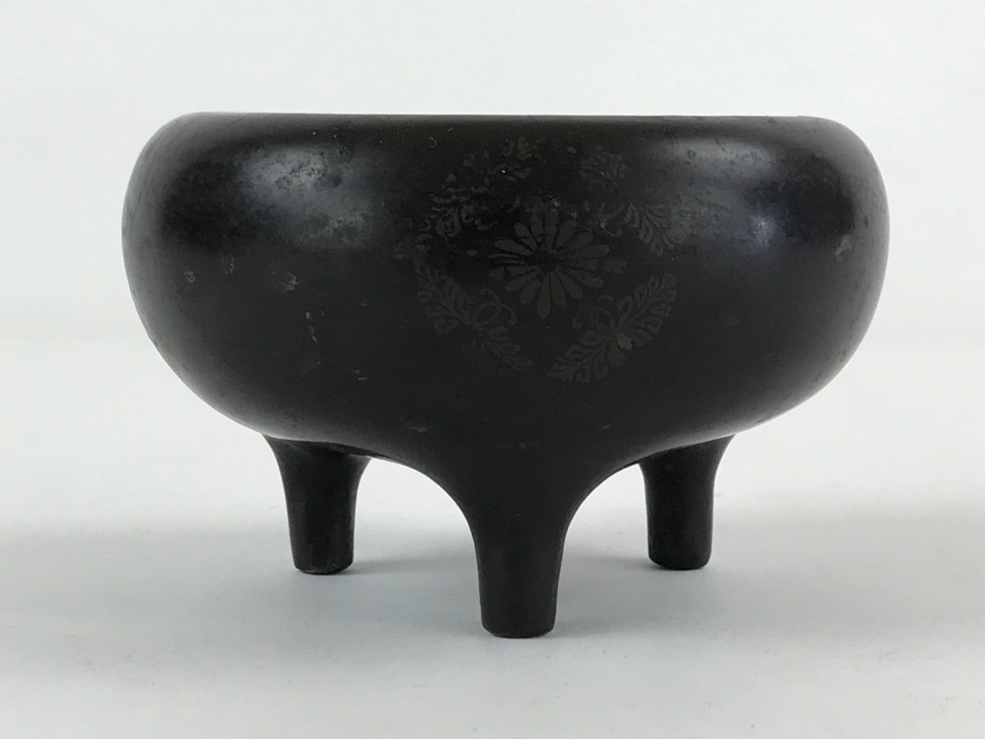 Japanese Buddhist Alter Fitting Bronze Incense Burner Koro Vtg Flower Black BA70