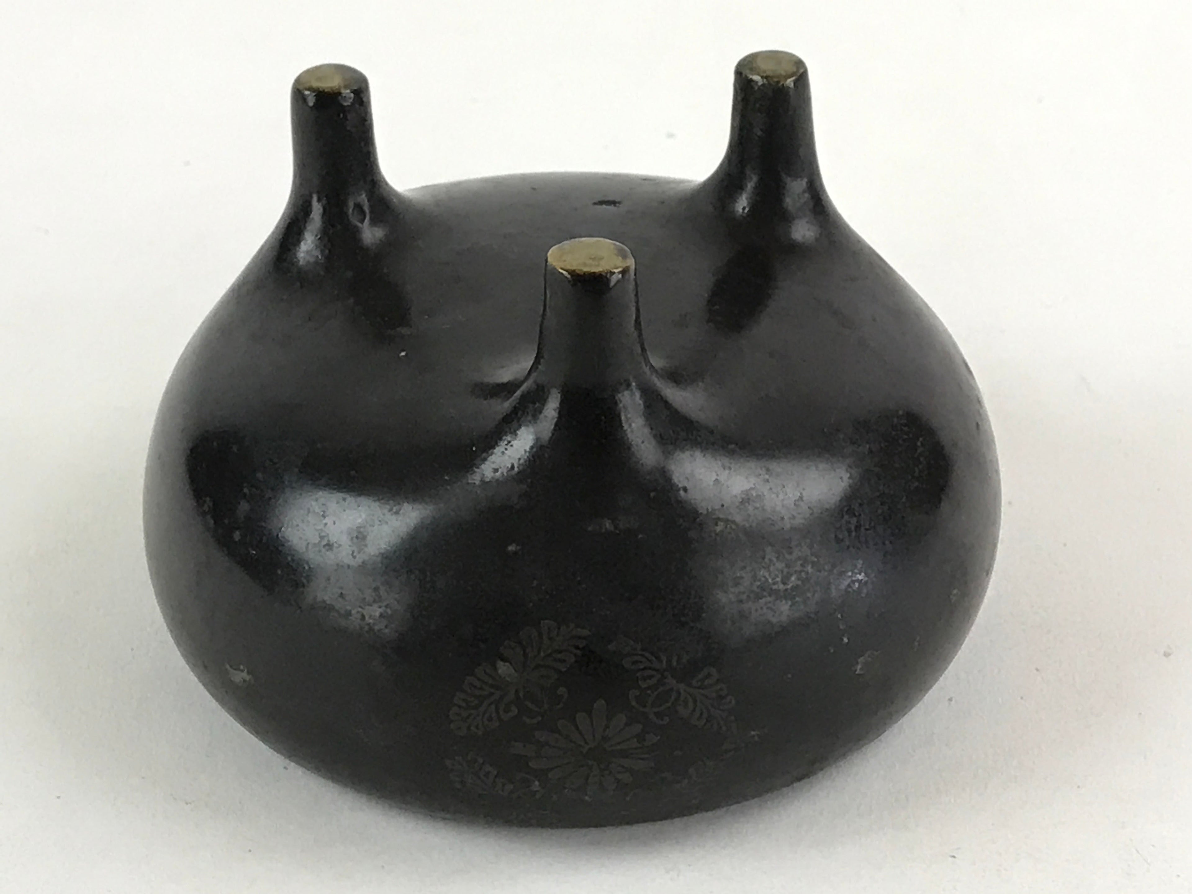 Japanese Buddhist Alter Fitting Bronze Incense Burner Koro Vtg Flower Black BA70