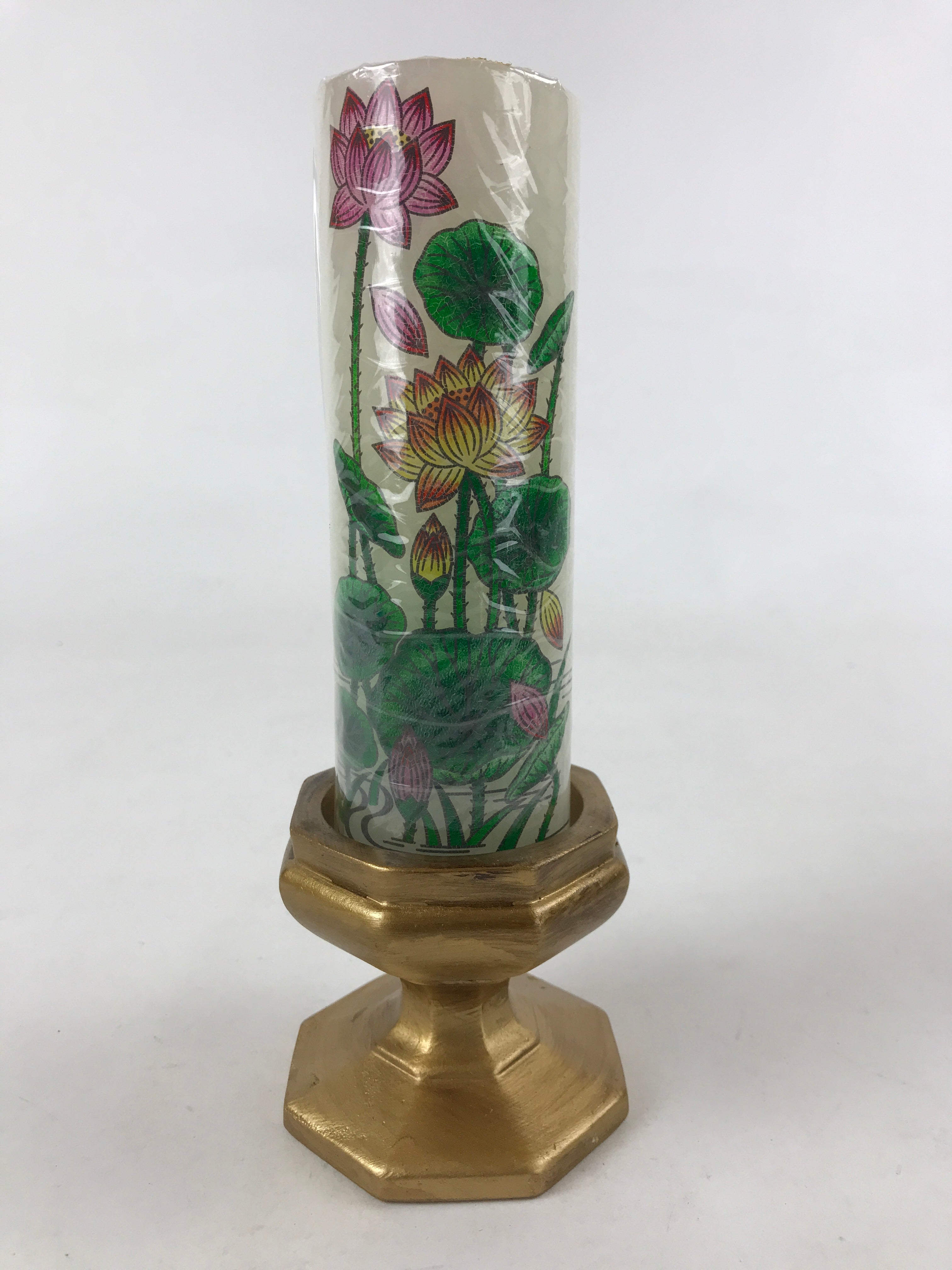 Japanese Buddhist Ceramic Candle Holder W/ Lotus Candle Vtg Gold Flower BA133