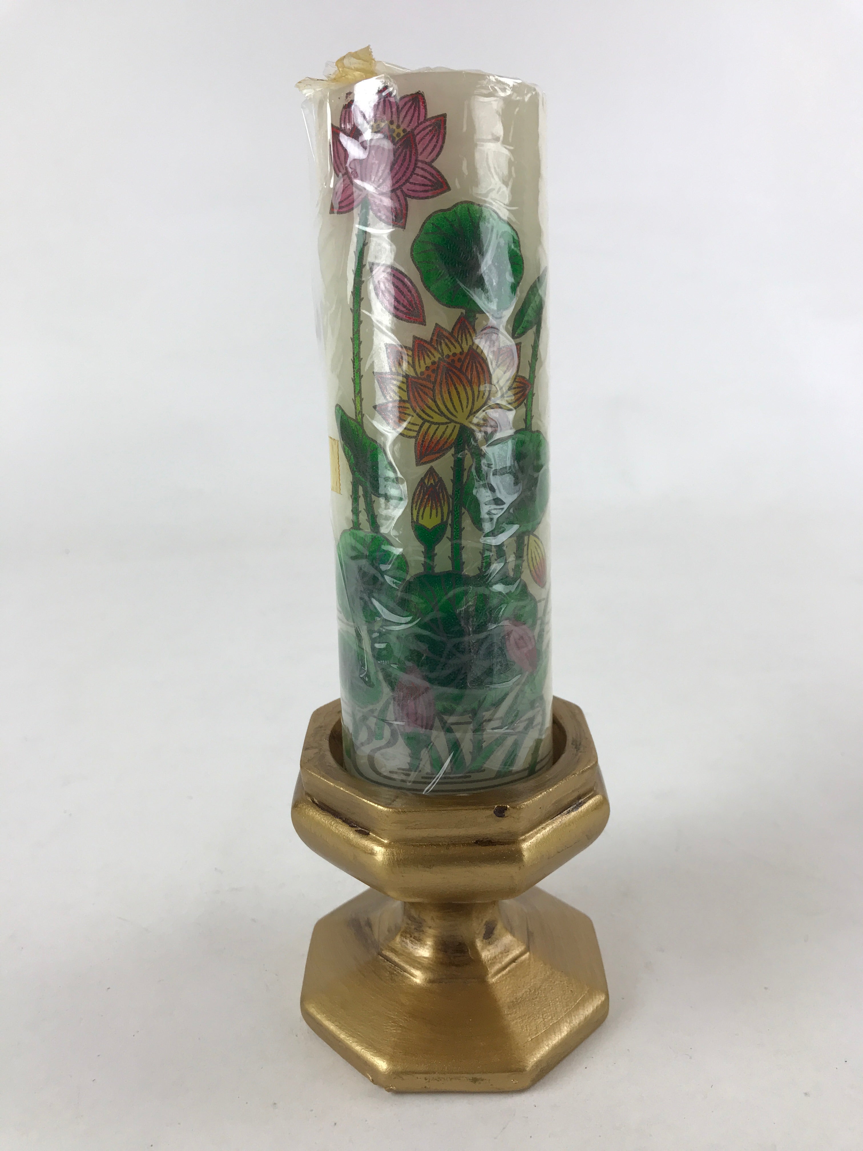 Japanese Buddhist Ceramic Candle Holder W/ Lotus Candle Vtg Gold Flower BA134