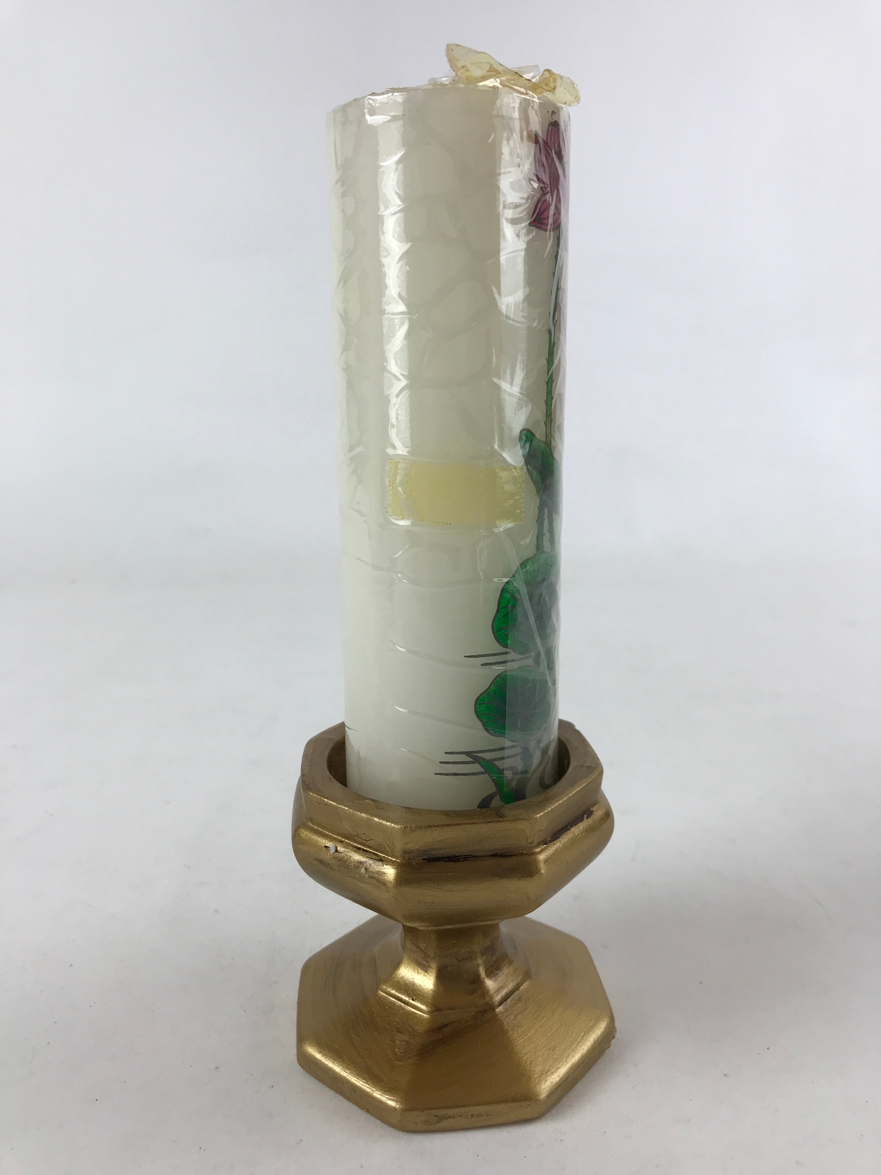 Japanese Buddhist Ceramic Candle Holder W/ Lotus Candle Vtg Gold Flower BA134