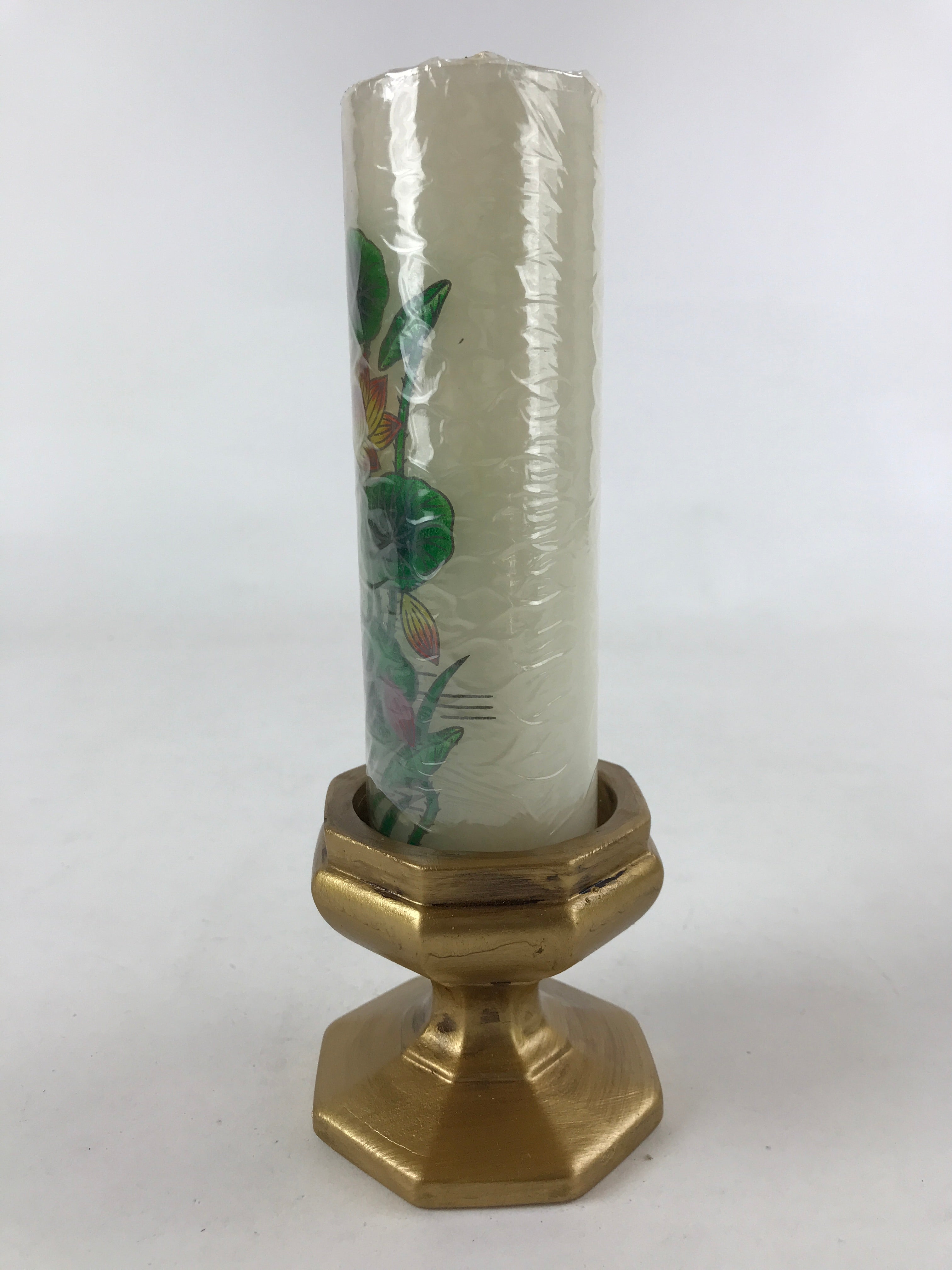Japanese Buddhist Ceramic Candle Holder W/ Lotus Candle Vtg Gold Flower BA134