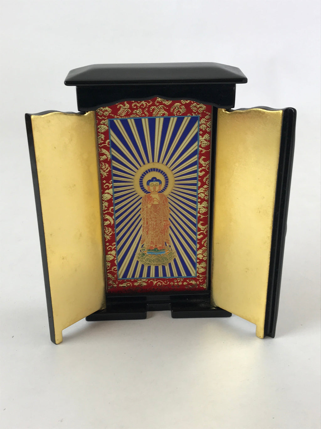 Japanese Buddhist Icon Lacquer Mini Altar Vtg Black Gold Hongwanji BA118