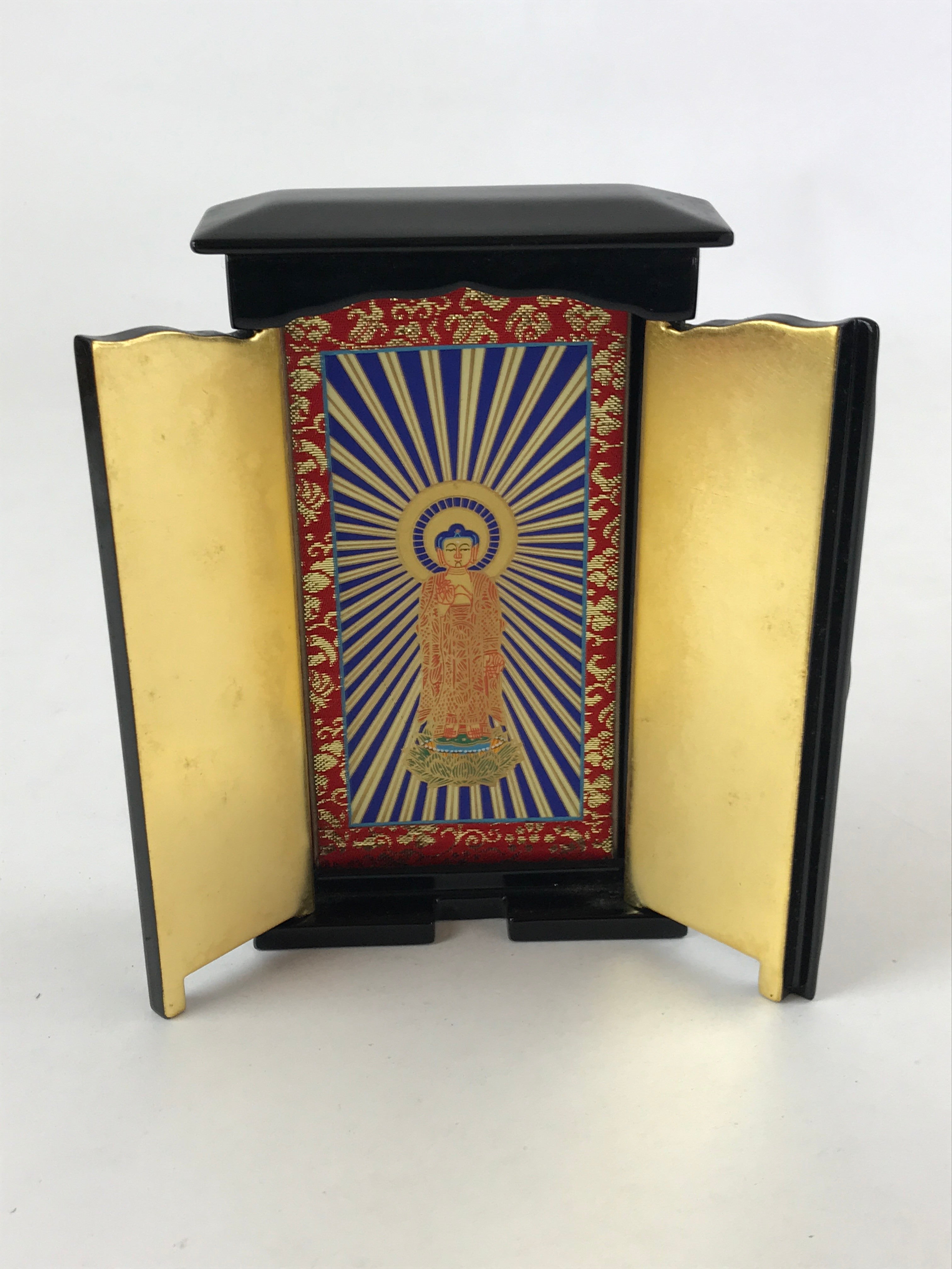 Japanese Buddhist Icon Lacquer Mini Altar Vtg Black Gold Hongwanji BA118
