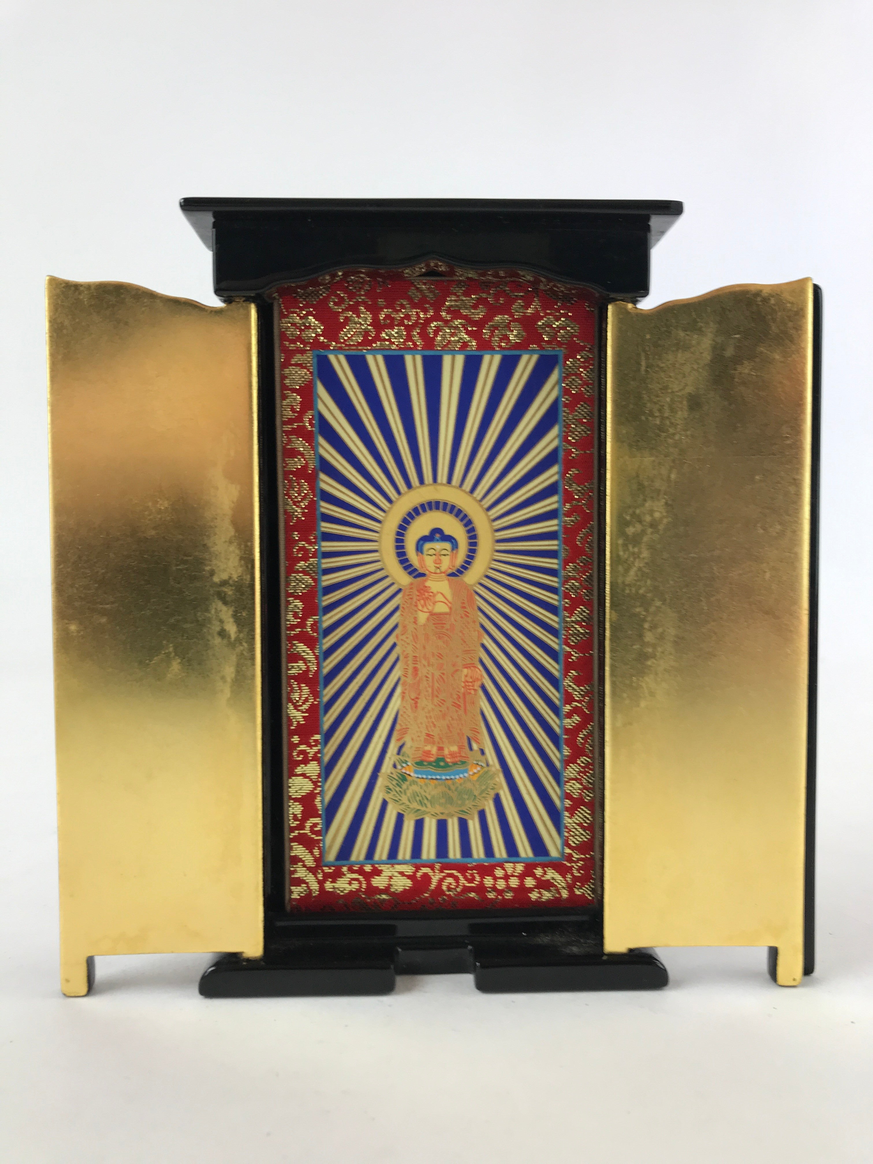 Japanese Buddhist Icon Lacquer Mini Altar Vtg Black Gold Hongwanji BA118