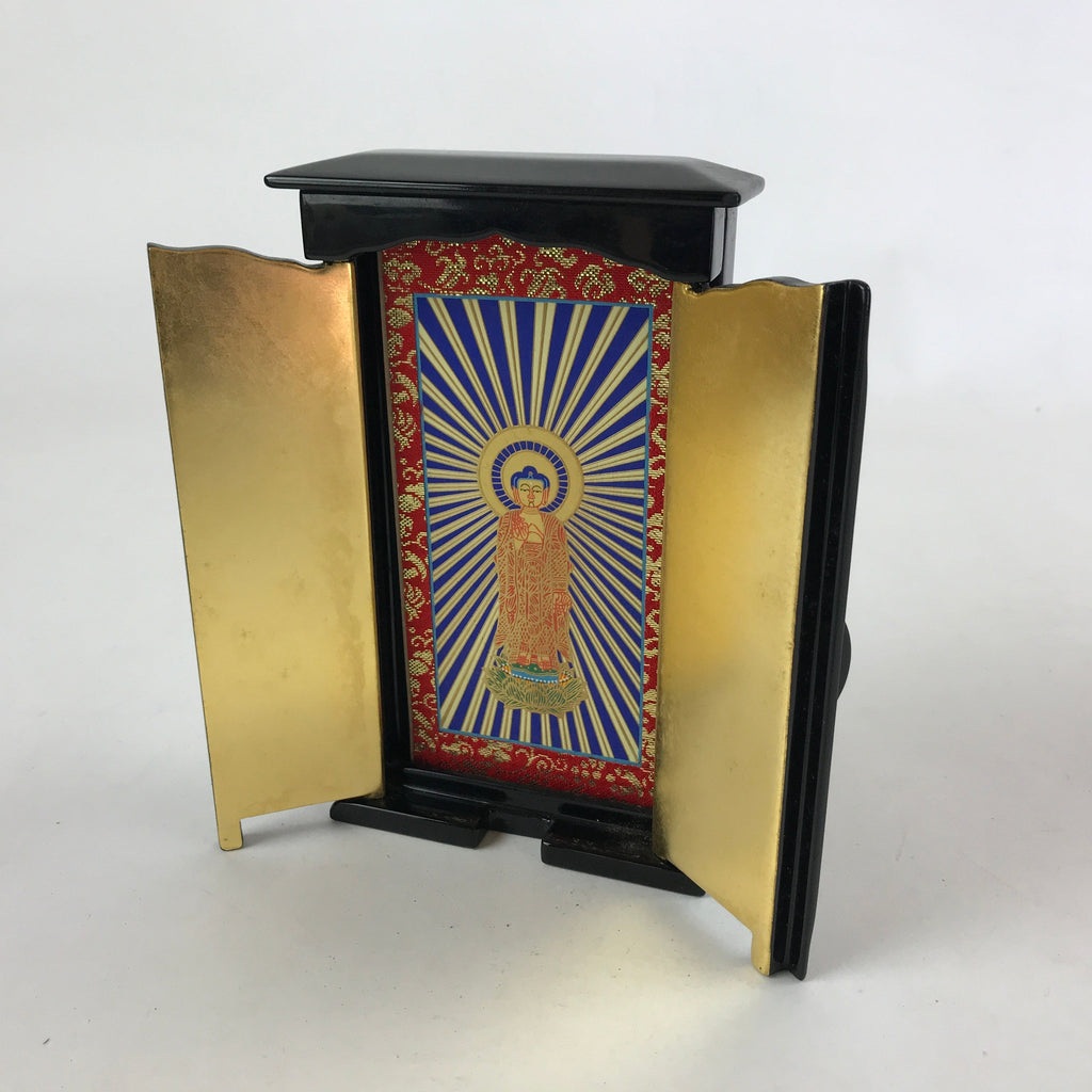 Japanese Buddhist Icon Lacquer Mini Altar Vtg Black Gold Hongwanji BA118