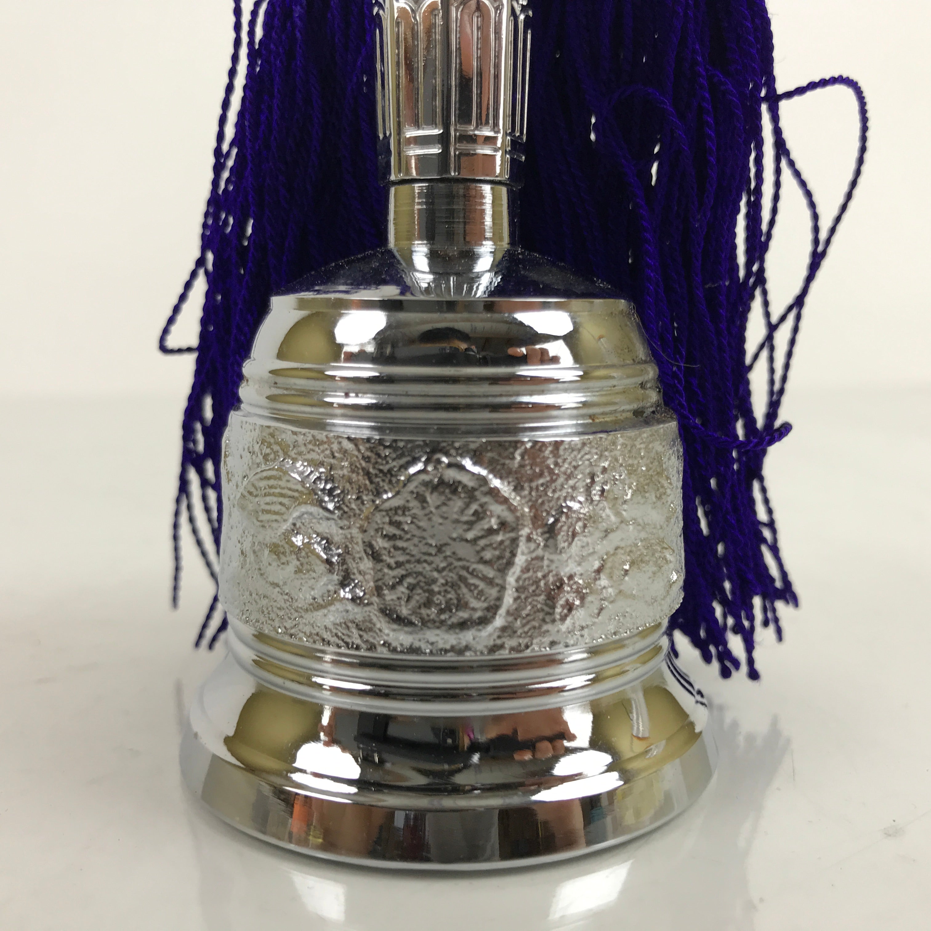 Japanese Buddhist Metal Prayer Handbell Kongorei Vtg Purple Tassel Silver BA345