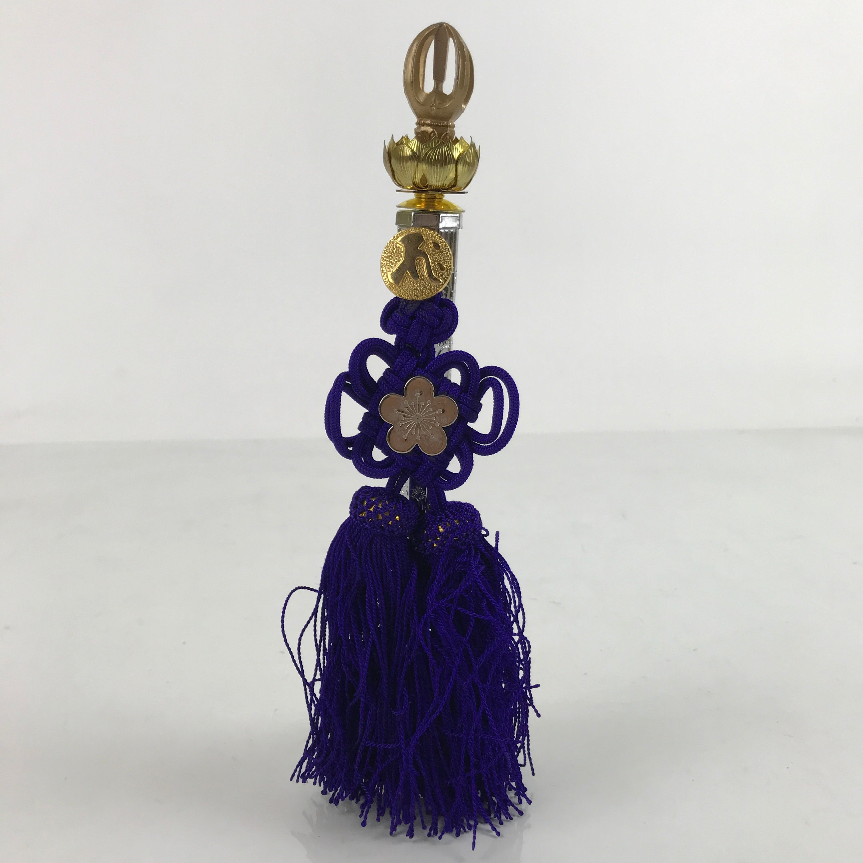 Japanese Buddhist Metal Prayer Handbell Kongorei Vtg Purple Tassel Silver BA345