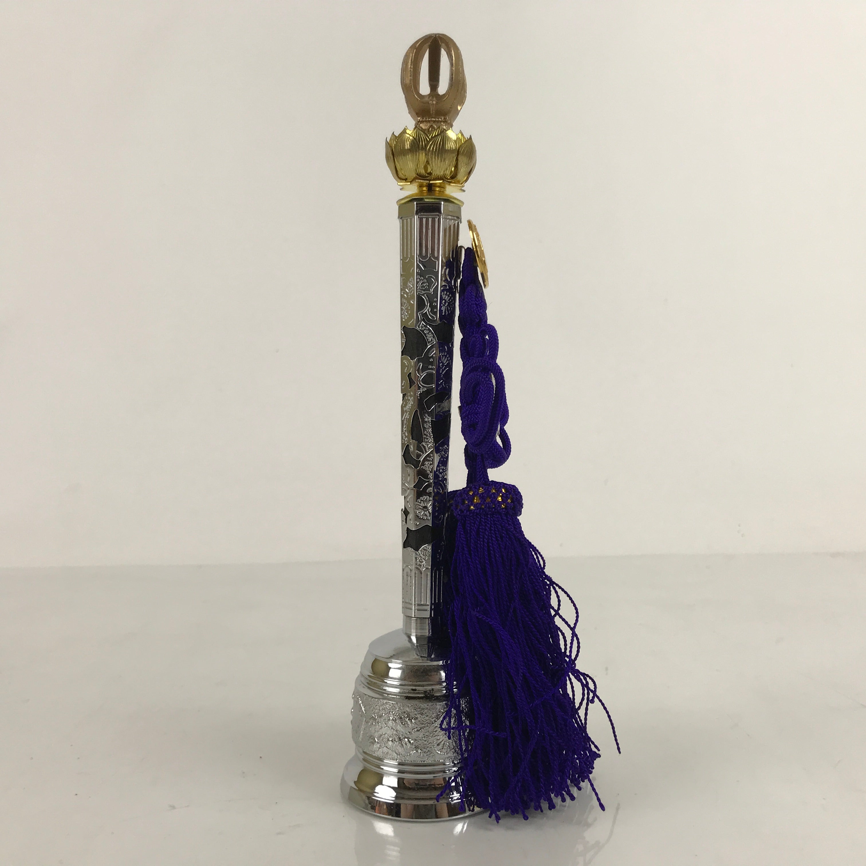 Japanese Buddhist Metal Prayer Handbell Kongorei Vtg Purple Tassel Silver BA345
