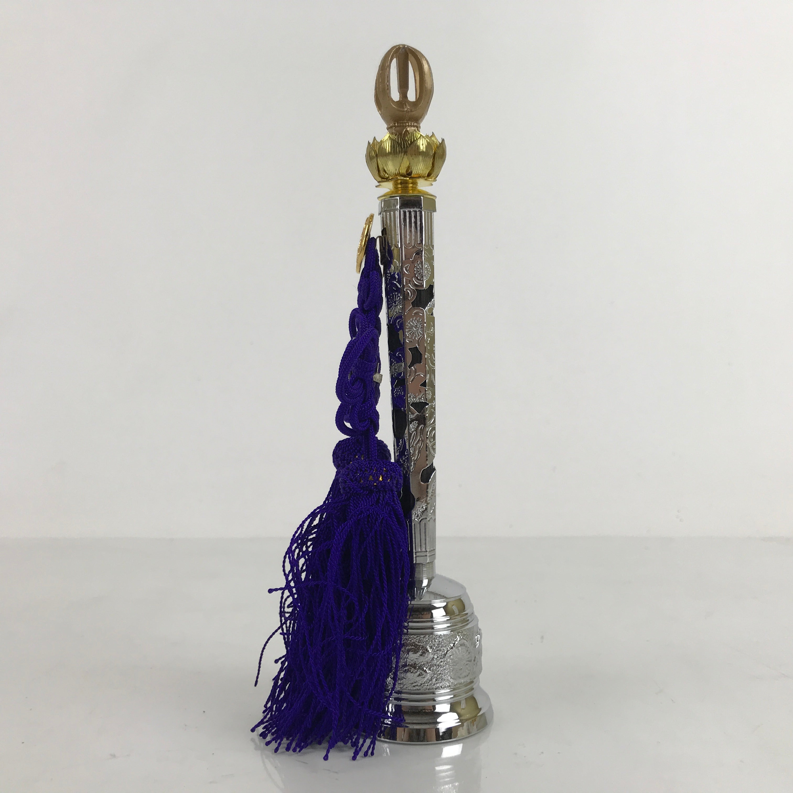 Japanese Buddhist Metal Prayer Handbell Kongorei Vtg Purple Tassel Silver BA345