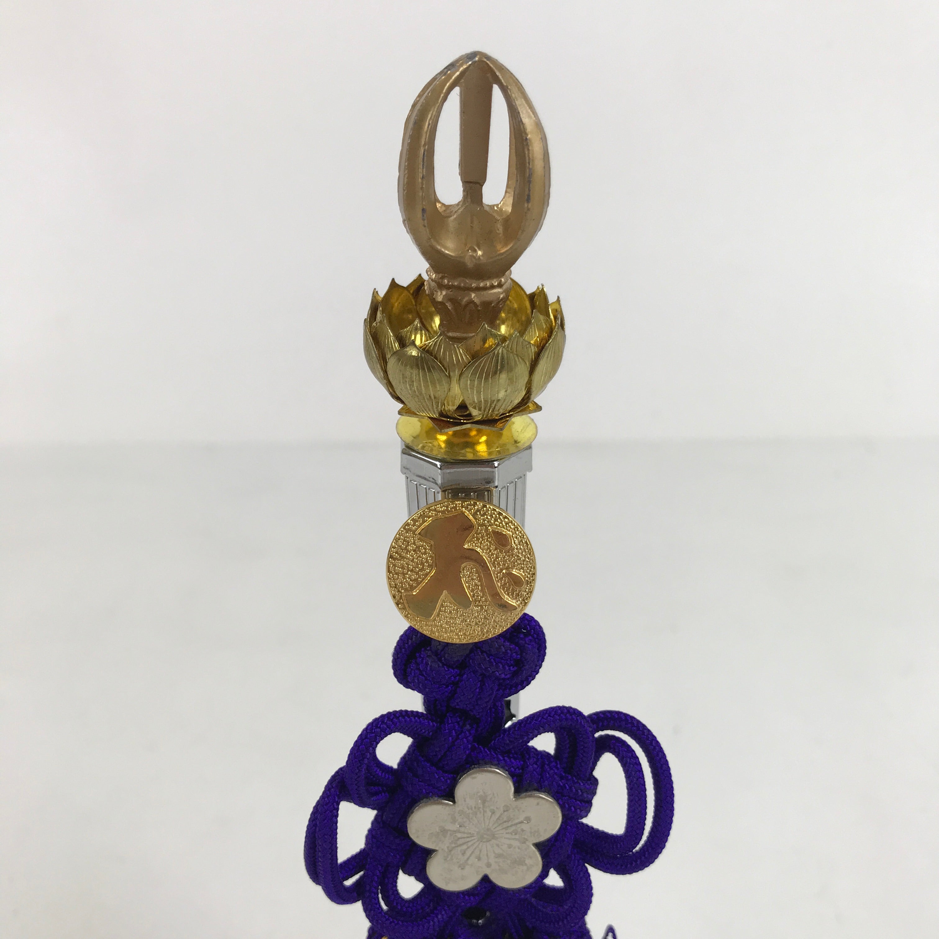 Japanese Buddhist Metal Prayer Handbell Kongorei Vtg Purple Tassel Silver BA345